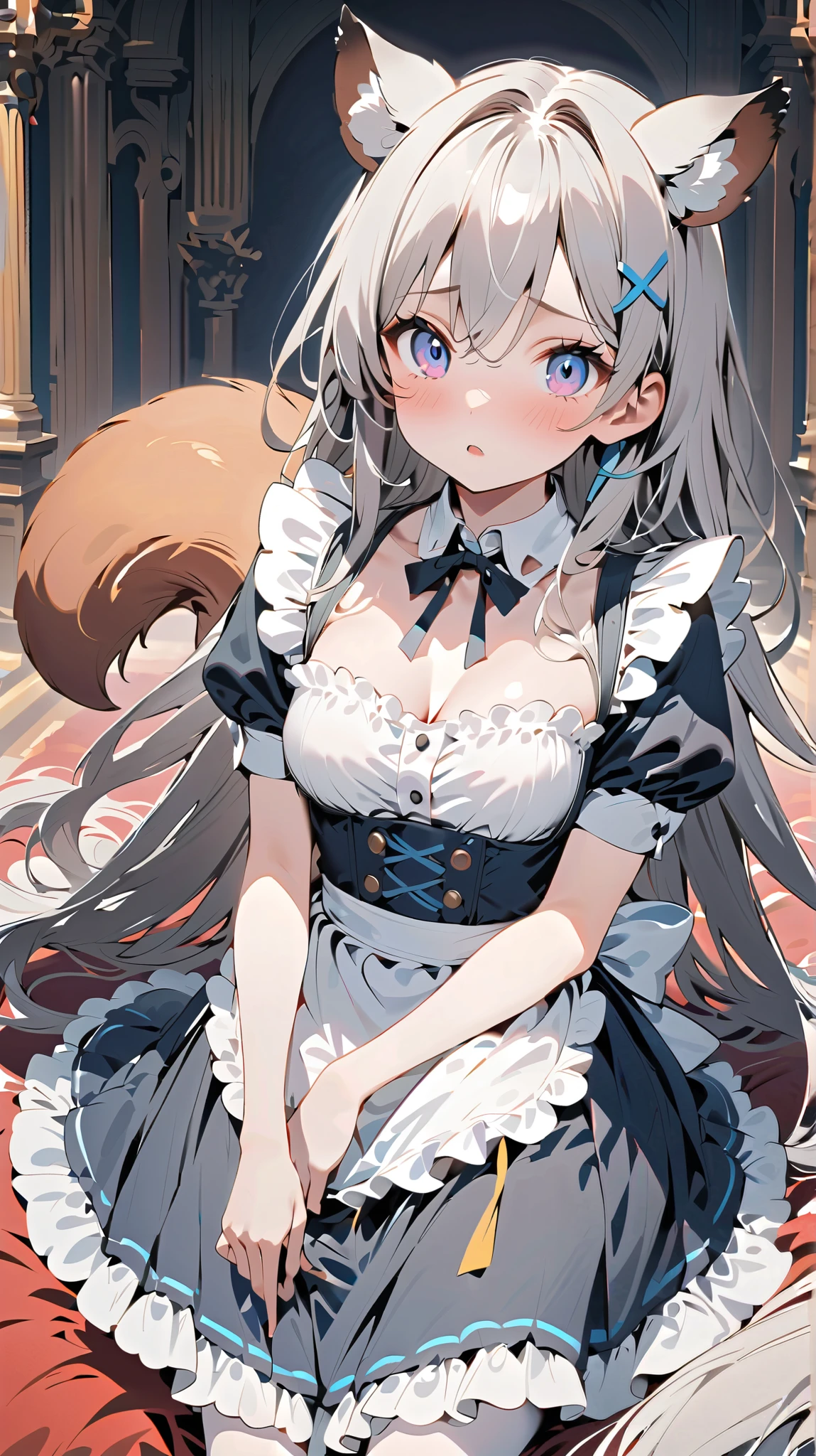 {{{ masterpiece}}}, {{{ top quality}}}, {{ super high resolution}}, {美しい細部までこだわったEye }, 1 girl, alone, (( gray hair)), very long hair, 青いEye , ( straight hair ), (bangs), animal ears, (Weasel Ears:1.1), choker, stupid hair , teeth, (big weasel tail :1.0), (Blue X Hairpin), ( Cute maid outfit), SHOCKED , girl ,Midea,Eye