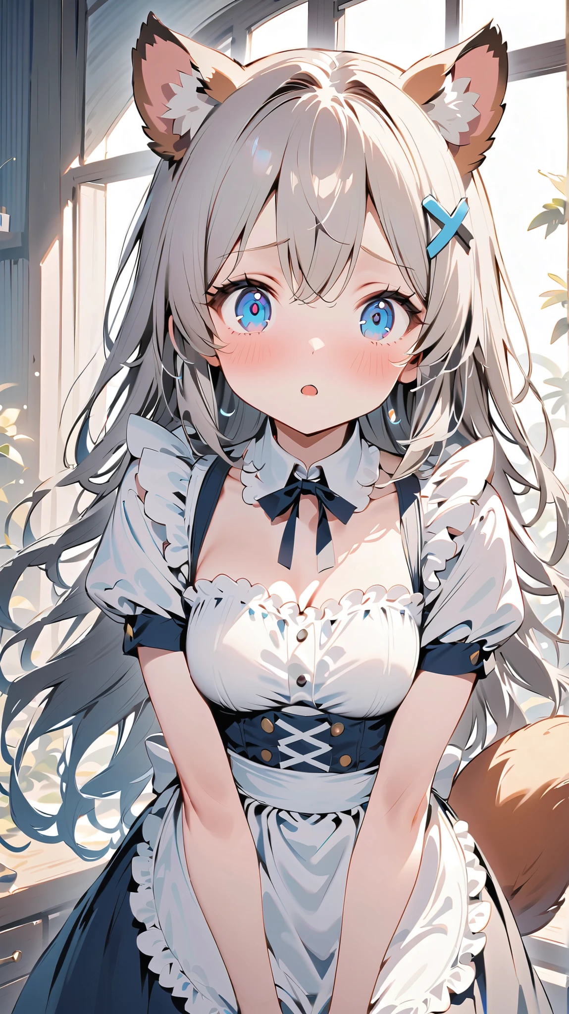{{{ masterpiece}}}, {{{ top quality}}}, {{ super high resolution}}, {美しい細部までこだわったEye }, 1 girl, alone, (( gray hair)), very long hair, 青いEye , ( straight hair ), (bangs), animal ears, (Weasel Ears:1.1), choker, stupid hair , teeth, (big weasel tail :1.0), (Blue X Hairpin), ( Cute maid outfit), SHOCKED , girl ,Midea,Eye