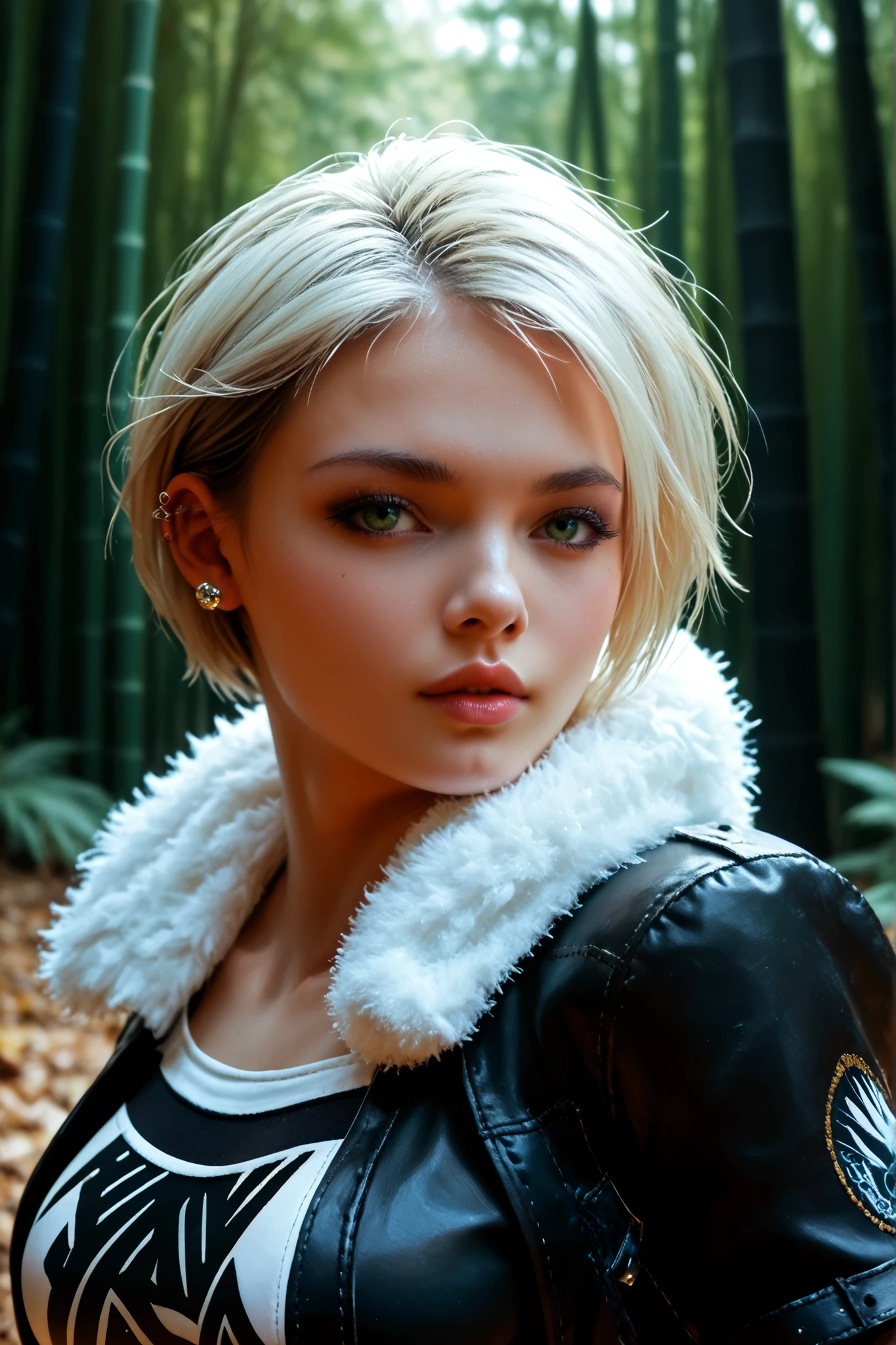 Gwen Tennyson,Yorha 2B,tracer,Jill Valentine,observe,Resident Evil , close-up, bamboo forest, short hair , punk makeup , green eyes, Girl, big breasts,8 k,ultra detailed, realistic,winter scarf ,pink micro bikini, ear piercing , Japanese temple , gothic hand and neck jewelry ,to walk on foot,(Weather:leaves fall ), arc reactor ,1 Girl,
