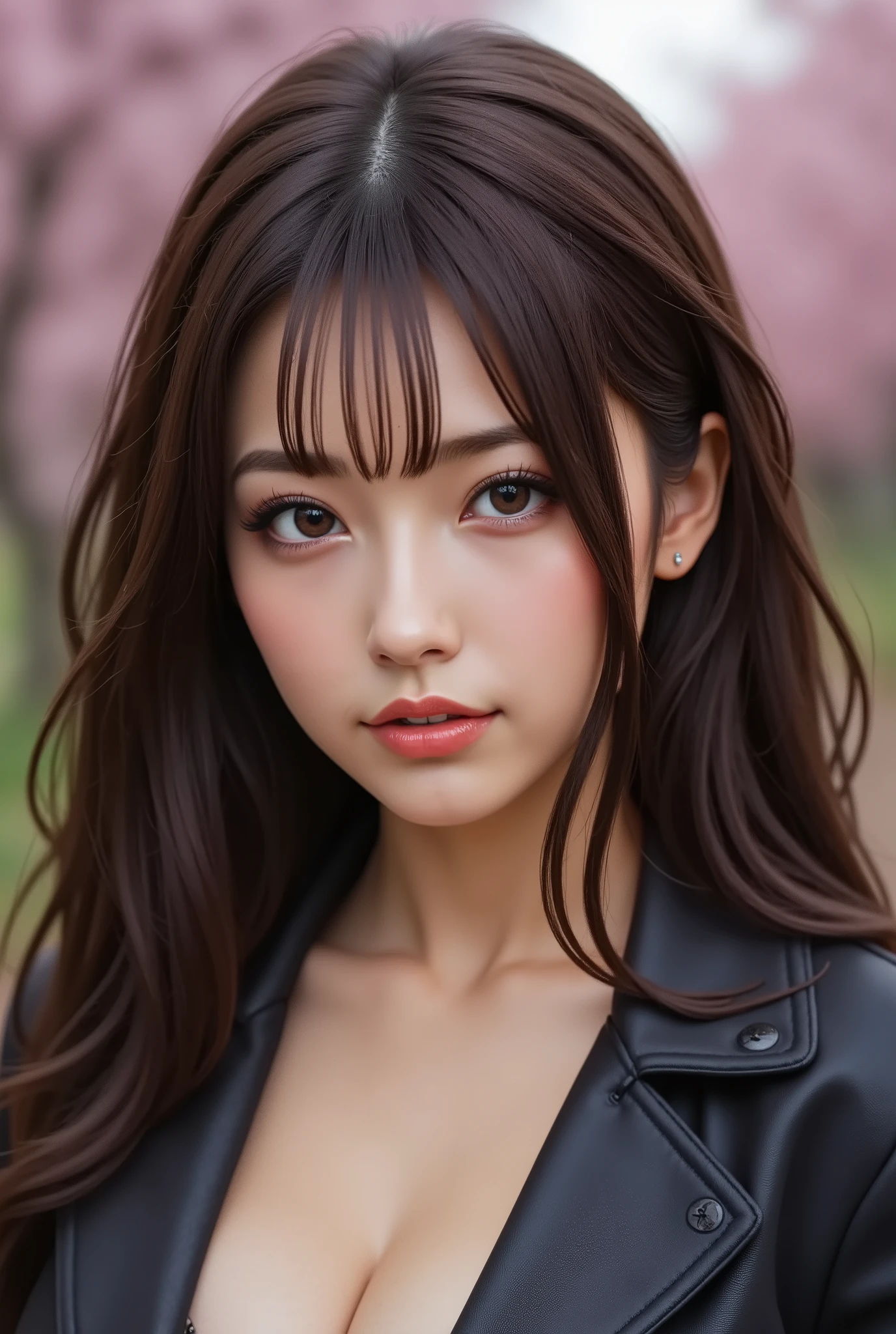 (Highest resolution),(the most absurd quality),(masterpiece),(sharp focus),(最high quality),(photorealistic),(hyper realistic),(best high quality real texture skin:1.4),(ebony skin female),(best quality texture hair:1.4),beauty mixed of girl(madison ivy:0.2)(jessica alba:0.3)(Ariana Grande:0.5) in 1girl:1.4 20 years old,looking at viewer,cinematic,dark,muted colors,slate atmosphere,(Super beautiful face),(realistic face),absurd(ultra detailed eyes), finely detailed face,finely quality eyes,(tired and sleepy and satisfied:0.0),realistic eyes,perfect round eyes,finely detailed pupils,(brown_eyes:1.3),detailed lips:1.3,pink_makeup:1.3,long blue_eyeliner:1.2,(red_lipstick:1.25),perfect dark_eyeshadows:1.3,there a close up of a woman's,(super detailed makeup on eyes:1.3),iridescent eyes,with professional makeup,vibrant eyes:1.1,(Detailed nose:1.2),((heban hair ((slicked to the side)) extremely detailed:1.45)),((outside,an orchard of blooming cherry trees:1.1)),((super extravagant (cut jacket) wear:1.3)),small head:1.4,(short skirt wrapped at the hips),