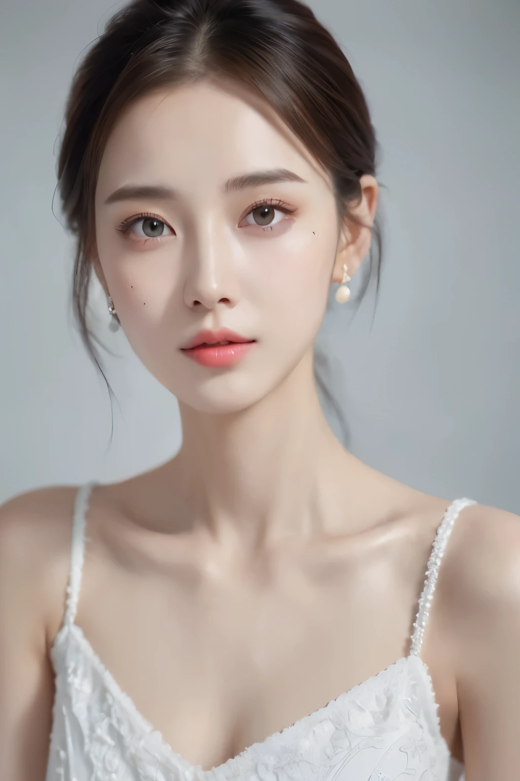 (( is the best quality, 8K )), of a young lovely woman, Realistic, portrait, Ultra-realistic, highly detailed, highly detailed skin, high quality, White Dress , highly detailed skin, high quality, Delicate Eyes, Double eyelids,