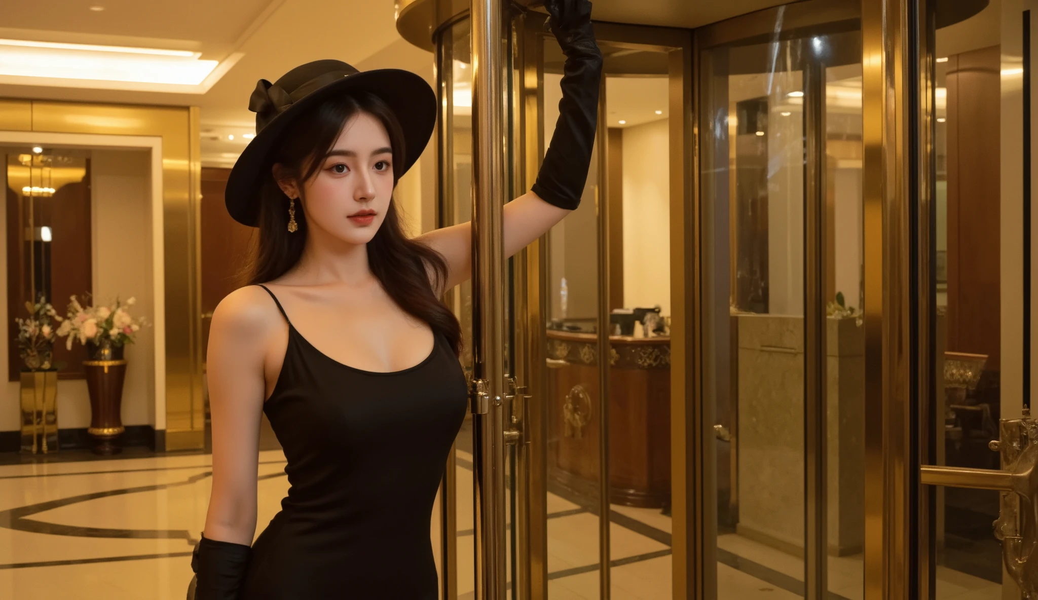 **"A glamorous woman standing elegantly by a revolving glass door in an opulent, vintage-style lobby. She is wearing a sleek, form-fitting black satin evening gown with thin spaghetti straps, accentuating her silhouette. The dress has a subtle sheen, reflecting the warm, golden interior lights. She accessorizes with long, black satin gloves that reach past her elbows, adding a touch of classic sophistication.

On her head, she wears a stylish black wide-brimmed hat adorned with a delicate ribbon, with her long, wavy dark hair cascading gracefully over one shoulder. Her makeup is bold and refined, featuring dark lipstick and defined eyes. She has gold dangling earrings that catch the light elegantly.

Her pose is poised and dramatic, one hand resting lightly on the door while she gazes thoughtfully into the distance, conveying an aura of mystery and allure.

The background showcases a luxurious interior with polished brass accents, tall glass panels, and ornate architectural details, evoking an atmosphere of timeless elegance and grandeur. The warm, ambient lighting enhances the golden hues, reflecting off the glossy surfaces, creating a cinematic, vintage film noir aesthetic."**