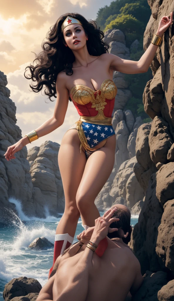 (((Black hair))), ((She's lost in the Sahara desert))),(she is barefoot), ((THE SUPERHEROINE WONDER WOMAN HALF CROUCHED)), (corpo suado), (She is terrified), ((Wearing a thick metal necklace around your neck)), (( She begs for mercy)), (work-πrhyme, melhor qualidade) 1.5, 1girl, sozinho, ((She's crying and drooling. She's wearing a super tall starry panties)), Mulher-Maravilha, cabelos muito longos, cabelos pretos, cabelo entre os olhos, rabo de cavalo alto, Fechaduras laterais, olhos azuis, Mulher-Maravilha, Corte inferior do peito, arm guards, Peito Inferior, Olhando para o Viewer, NSFW,camelo,pernas abertas,(blush vermelho,irritado:1.2),(pernas musculosas:1.3),((Shibari, arms behind back:1.4,corda da virilha:1.4)),((rope restraint)),(sentado:1.2),(Sexo:1.4),(virilha cortada para fora:1.5),de cima, (((Black Hair))).