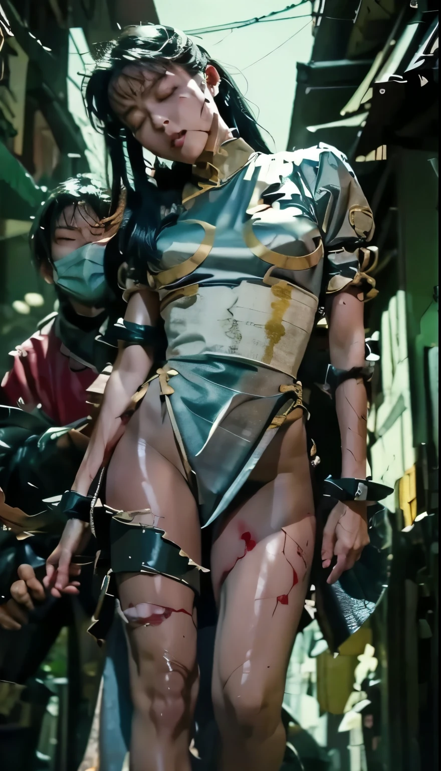 Lost in a battle with a strong enemy , her body is grabbed by an enemy from behind and hangs in the air, body that doesn't move, A Body Floating in the Air , expression of pain, eye closed , riota decada lying sideways with pelvic curtains , Bruises, high definition , masterpiece, blood from mouth , oconnor , injury, damage to skin , was humiliated , , legs and arms are at parallel angles , Loose, Hands and feet are droopy , Bruises, damage