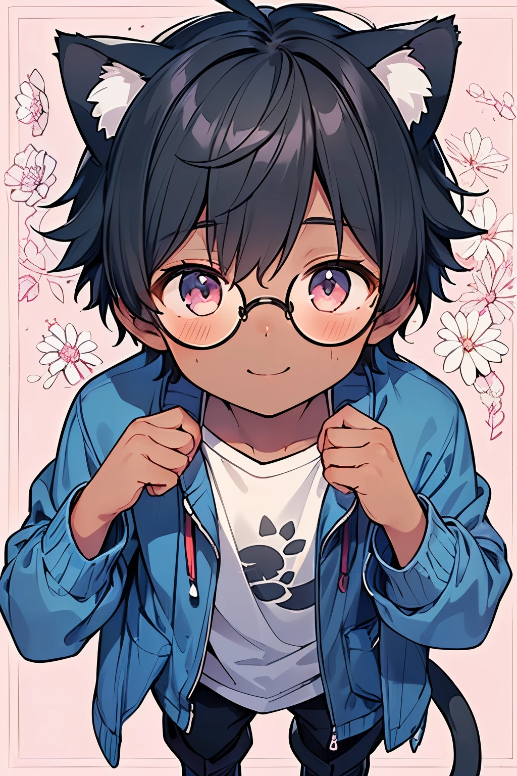 ((A boy:1.3)),((handsome:1.3)),((solo:1.3)),((black hair:1.25)),((short hair:1.25)),(light step:1.0),(long sleeves cat ears:1.1),(long sleeve spring jacket:1.1),//,((Flower garden and heart pattern background:1.1)),((spiral glasses on hand:1.2)),(looking viewer:1.0),(open to mouth:1.0),smile,(top view:1.0),((platform boots:1.0)),((dark skin body:1.25)),((ribbon body wrapping:1.0),((cat tail:1.2)),(close up face:1.15),