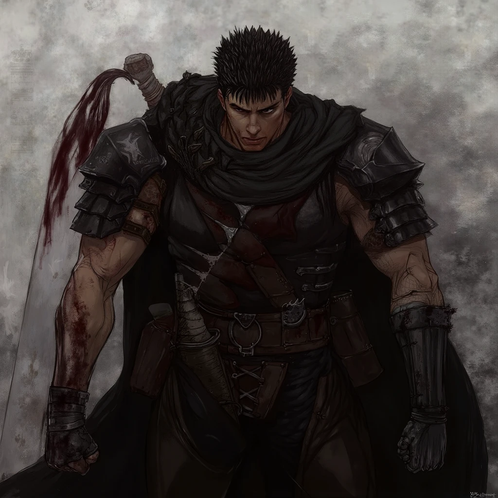a torn black cloak , large bloodied sword with an intense gaze . the character uses, layered armor reinforced with metal shoulder pads , $. A battle-worn warrior , com spiked black hair e rosto marcado a golpes, holds the enormous handle of a large bloody sword. the character uses, spiked black hair , shirtless
