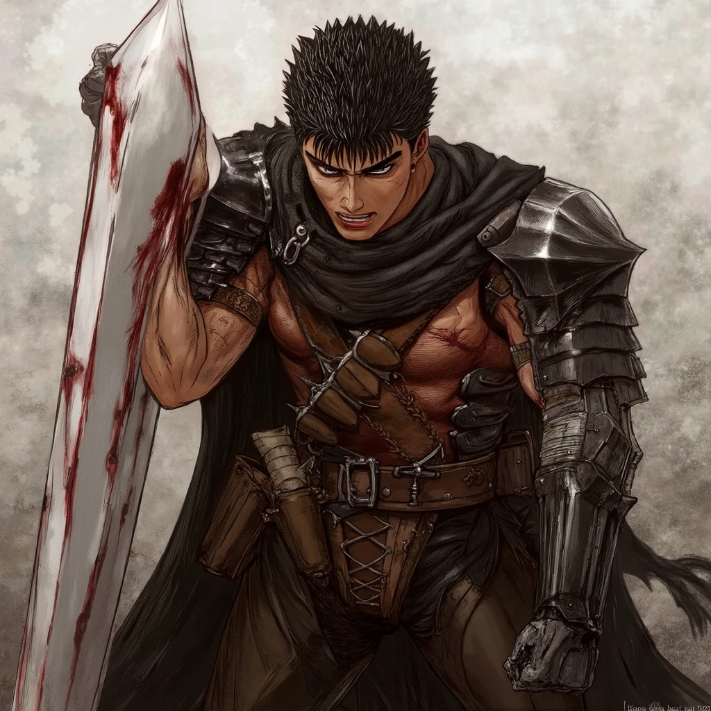 a torn black cloak , large bloodied sword with an intense gaze . the character uses, layered armor reinforced with metal shoulder pads , $. A battle-worn warrior , com spiked black hair e rosto marcado a golpes, holds the enormous handle of a large bloody sword. the character uses, spiked black hair , shirtless