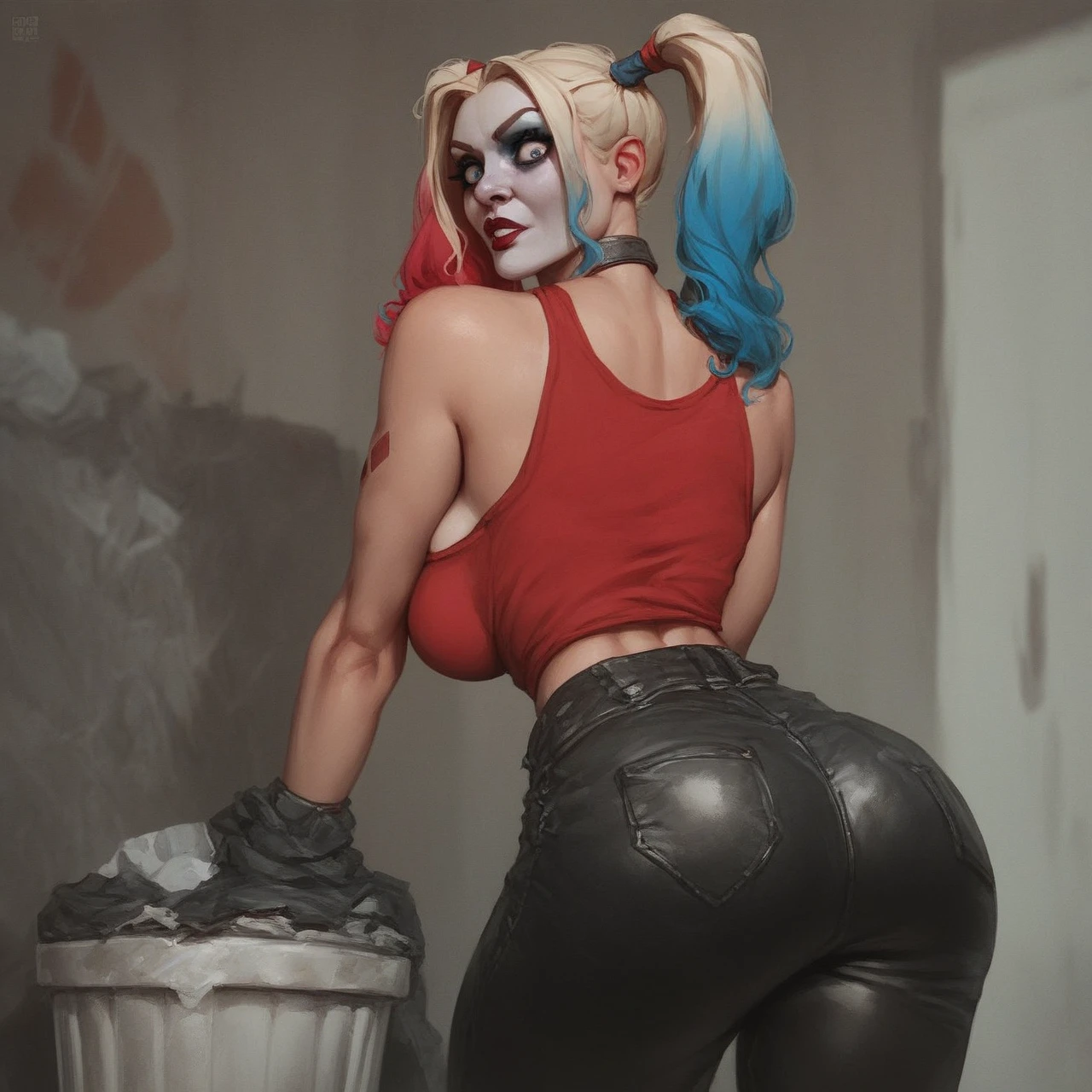 Harley Quinn big thick ass and big  naked with tattoos wearing Jordan’s on feet bent over on bed