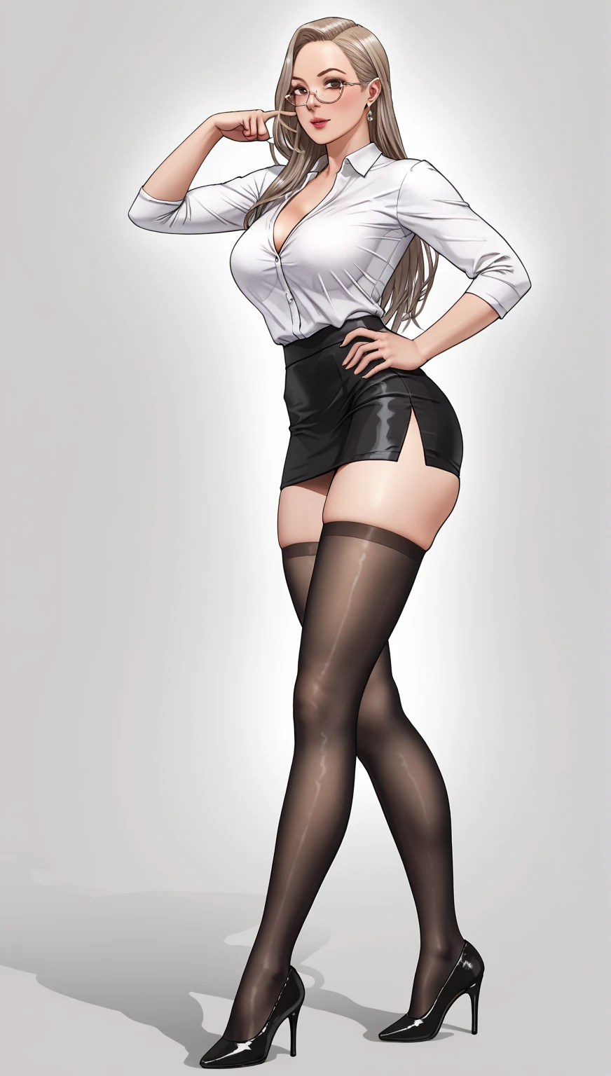 8K original photo, best quality, masterpiece, super high resolution, natural skin texture, realistic hand details, (sitting), hands on legs, beautiful legs, tall woman, skinny, thick thighs, 1girl, solo, uniform, open shirt, leaking pink lingerie, cleavage, white tights, sitting