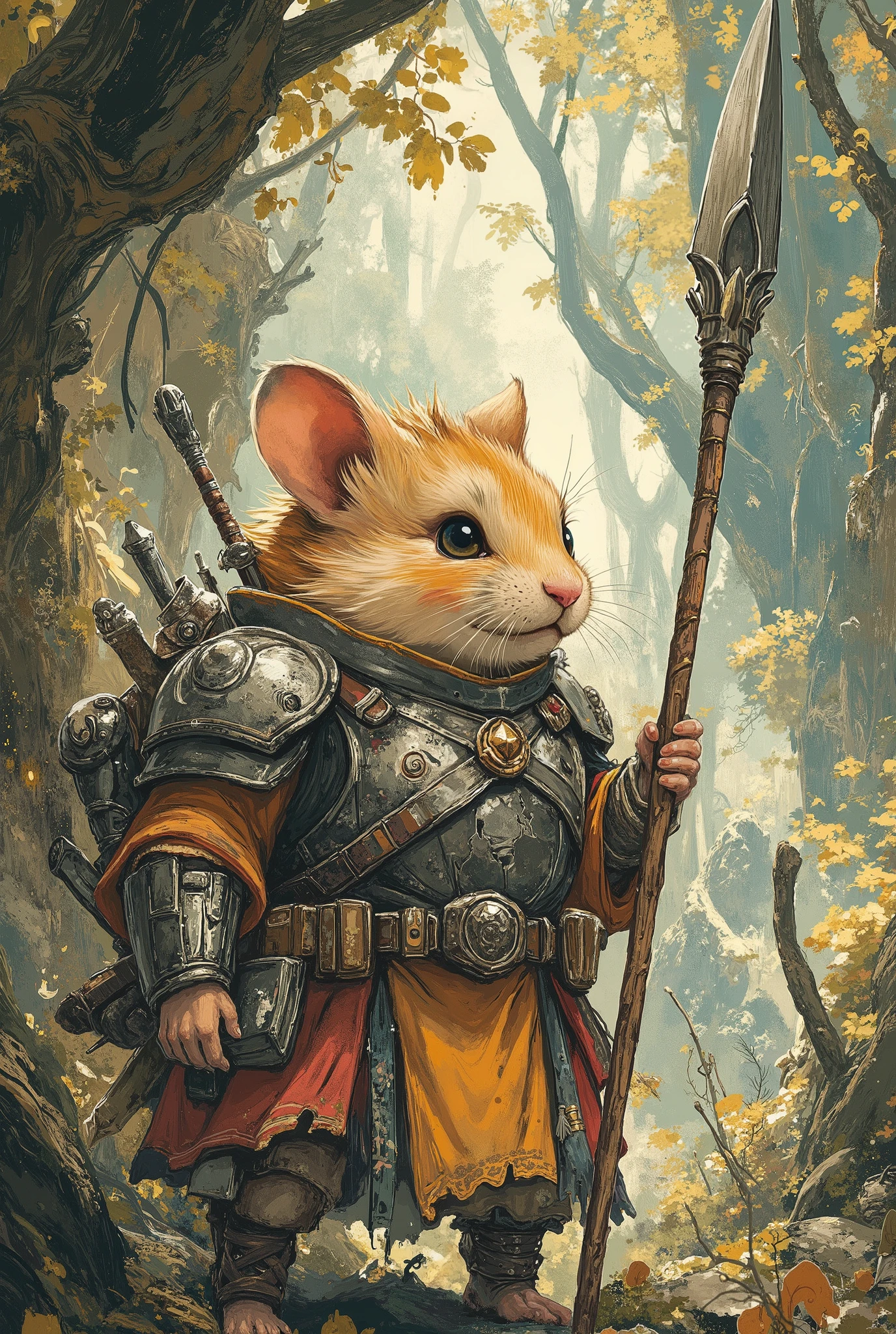 hamster dressed like a guard,  masterpiece,  best quality , Super Detail,an epic,4K,Forest,  wears armor,  holding a spear ,  In fantasy art style,  cinematic light ,  ultra-detailed,  8k resolution ,(high quality, 8k, 4K, high contrast, masterpiece: 1.2, 最high quality, best aesthetic),quality:(highest quality, 4K, High resolution, masterpiece:1.2), Super detailed, ( fantasy art ,oil:1.5), High quality artwork, delicate brushstrokes