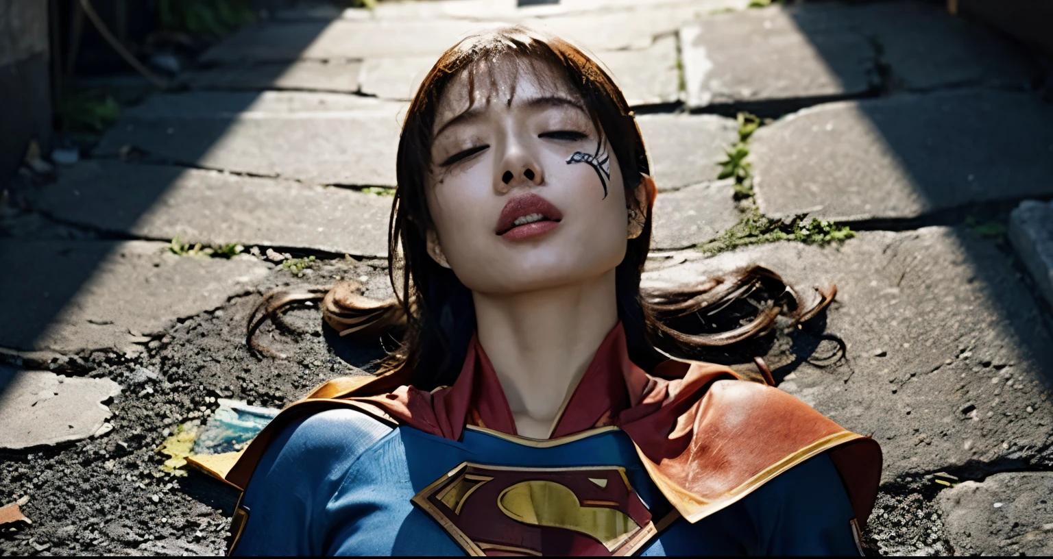 (((Make the most of your original images)))、(((Kneeling Supergirl)))、(((Supergirl being defeated)))、(((Supergirl Costume)))、(((hang)))、(((close your eyes、Sleeping)))、((bra、weak legs))、(((Downward、Pushed down)))、((obtain))、((suffering))、((Doll condition))、((suffering))、(((Wear red gloves)))、(((Shiny black hair)))