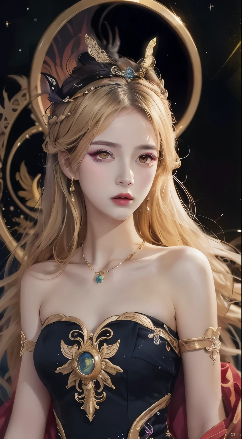 1 27-year-old girl, 1 zodiac goddess from the future, goddess of the pink and purple 12 zodiacs, the goddess of the zodiac in a yellow ao dai, a 12 zodiac ao dai with many black lace detail, mythology Goddess of the 12 zodiacs from the future, zodiac ♏, luxurious glittering zodiac style, dark and mysterious version, zodiac crown, lipstick lips red, thin and beautiful lips, Smile makes viewers fall in love, characters made by karol bak and pino daeni, intricate detail, detailed background, extremely detailed, light magic, a woman, clear face, look at the face of goddess zodialook at the zodiac goddess face, hair long with bangs, beautiful face in detail and well-proportioned eyes, (transparent yellow eyes: 1.8), big round eyes and very beautiful and detailed makeup, foresight, silk dress, mysterious makeup, double bangs and dyed light blonde, uper body, zodiac goddess uper body, arms hanging loosely, Realistic and vivid photo, (stars make up the zodiac: 1.7), (sky background zodiac and fictitious space and time portal: 1.8), fiction art, RAW photo, hanfu picture, best photo, best photo quality, 8k quality, 8k ultra, super realistic, real photo most economical, artistic portrait of goddess zodiac,