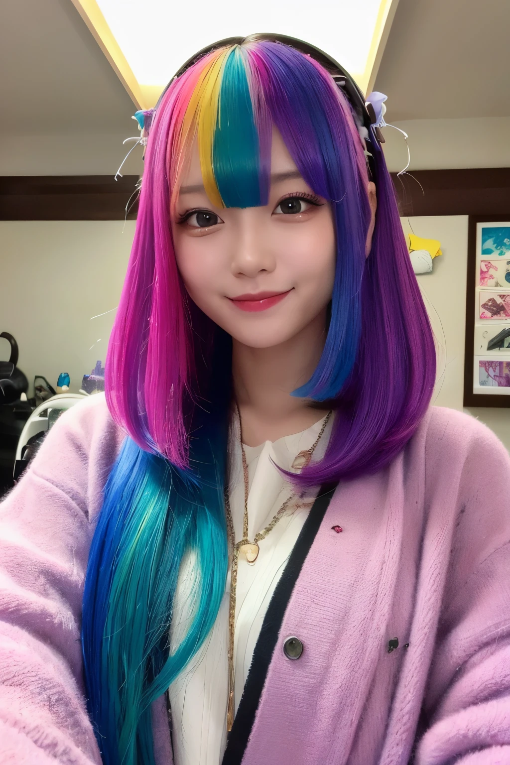 high quality:1.3, realistic、 high res, realistic、8k、16k、 Masterpiece:1.4, Details.Impressive、Alone、Standing beautifully、 cutting-edge photo portrait of a woman、 smiles、Expression of happiness、The way you look at someone you love、 grey、Cyan, and purple, (( her colorful hair is gathered in a high position、Various hair colors:1.3)) 、 her vibrant makeup has become a real eye-catcher