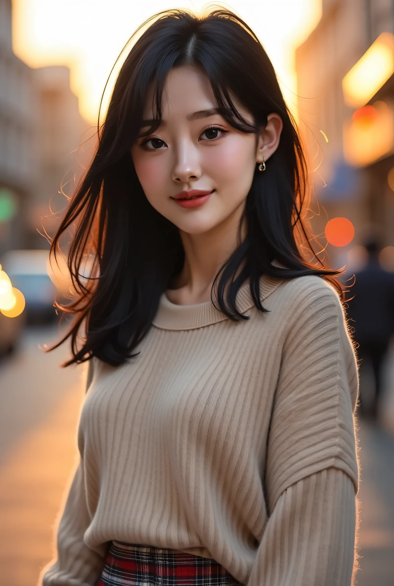 Best Quality, Photorealistic, 8K, hight resolution, fulcolor, 1girl in, Woman, 20 years old Woman, (Skindentation), (Portrait:0.6), Trees, park bench, Daylight, ((Park background:1.52)), fulcolor, ((Sweaters:1.68)), straight look at viewer:1.8, (1girl in eyes looking at viewer:1.55), (medium lenght hair, A dark-haired, parted hair:1.45), (Bokeh),