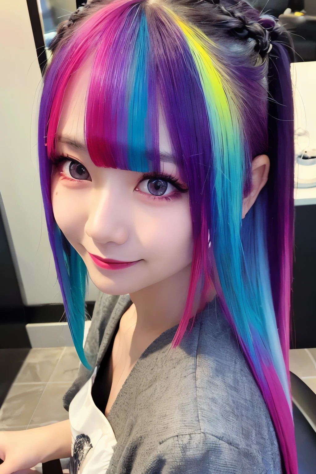 high quality:1.3, realistic、 high res, realistic、8k、16k、 Masterpiece:1.4, Details.Impressive、Alone、Standing beautifully、 cutting-edge photo portrait of a woman、 smiles、Expression of happiness、The way you look at someone you love、 grey、Cyan, and purple, (( her colorful hair is gathered in a high position、Various hair colors:1.3)) 、 her vibrant makeup has become a real eye-catcher
