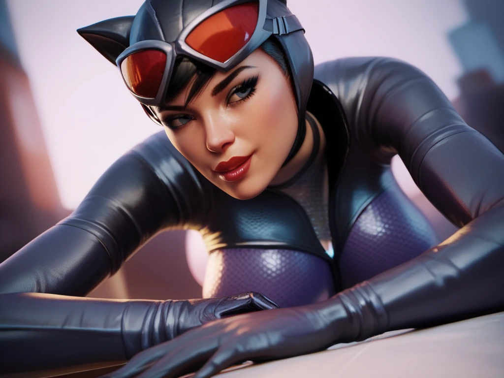 there is a woman with a hat and a necklace on, 3d render of catwoman, catwoman, cat woman, doja cat as cat woman, rendered in sfm, attractive cat girl, pc screenshot, catgirl, in batman : arkham knight, cat girl, about to consume you, highly detailed giantess shot, selina, kylie jenner as catwoman