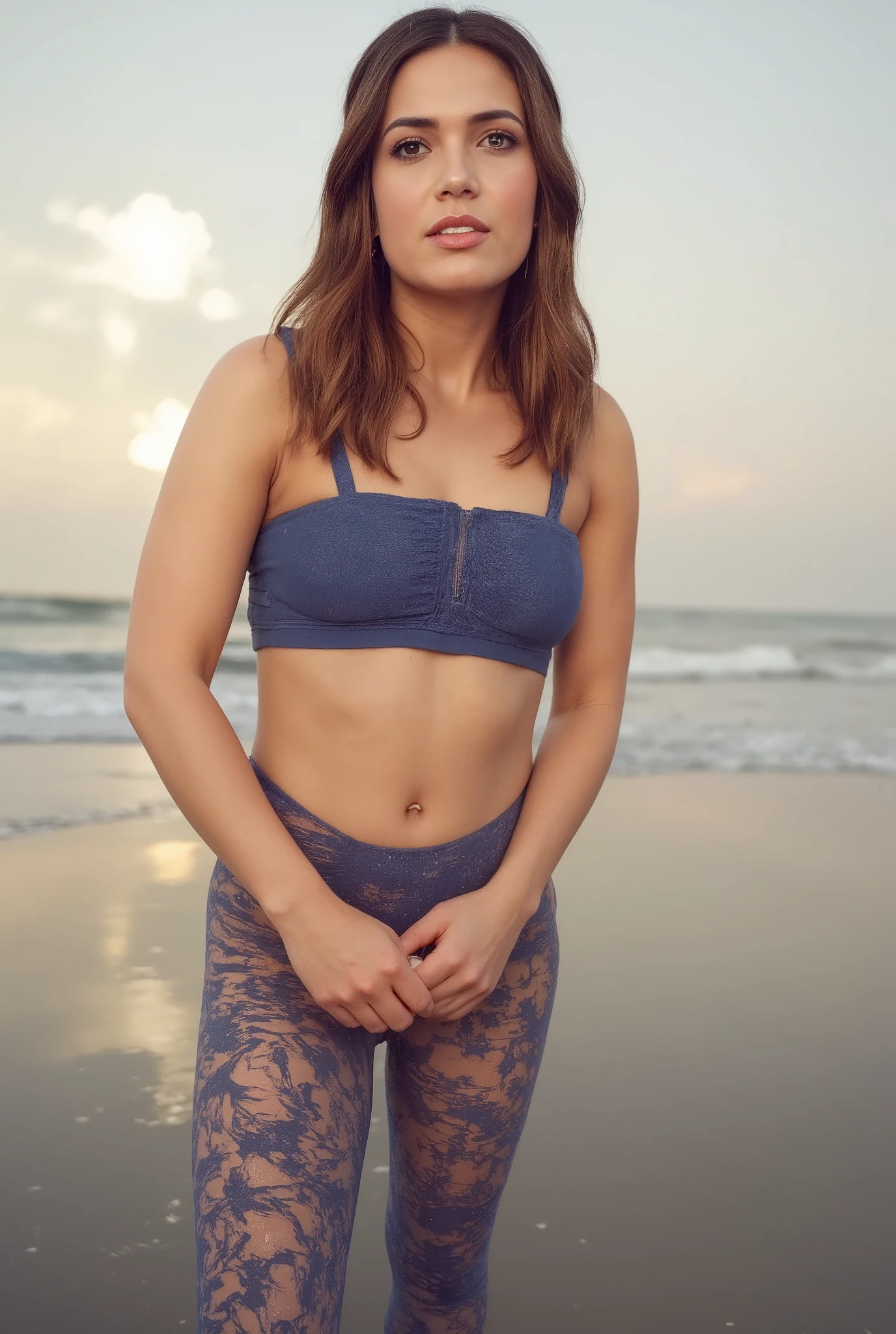 Light brown woman with blonde highlights, italienne magnifique de 25 ans, en leggings moulants et soutien-gorge de sport pastel, poitrine parfaite, leaning forward, on the beach at the end of the day, il y a des palmiers, cinematic light, souriante, flirts with the camera, pose sensuelle