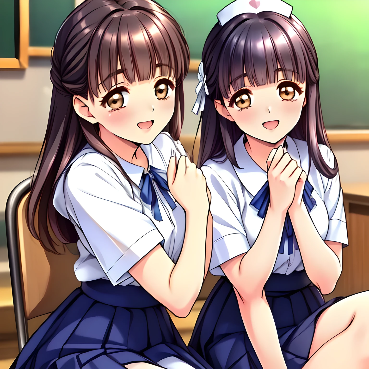 (highest quality, masterpiece:1.2), highest quality, High resolution, 1080p, 8K, (Some yo beautiful pretty fashion model succubi are hypnotizing me by their neat beauty in a classroom, ((laughing at me)), (looking me down), most beloved girl in Japan, (intelligent and perfectly balanced slender style), feeling too funny, amazingly neat & clean, in peace and neat lovely strong charm, cutely tilted head, beautiful legs: 1.8), (Too noble beautiful lady like a love-story comic heroine), (laughing like watching a comedy), A very lovely, very noble, pretty and pure beautiful girls. ((Bursting out Laughing very elegantly)), ((white grown face)), Using expensive whitening cosmetics by cosmetics artist: 1.2), A white face that everyone loves, Glossy lips, (curled) bangs, (Too beautiful blue fascinating shiny (double-lidded) (brown eyes) with love to the viewer, ((deep upper girly eyelid)), laughing with detailed clearly: 1.5), (Dark blue vest school uniform, (Neat smart (white school blouse))): 1.8), (A very neat, ((realistic), (dark-blue) pleated blue school skirt): 1.6), (too pretty shiny light-yellow realistic school ribbon): 1.5), (Shiny love-story heroine lips, extremely laughing open mouth: 1.0), ((amazingly beautiful black hair: 1.5)), (Ribbon in (black hair), The ribbon is big and very pretty), (Tight waist, slender like a beautiful fashion model: 1.5), (The background is (plain black space with lovely heart stars) to emphasize her fascination: 1.8), (The lady knows well about the viewer's super fetishism for school uniforms, and satisfies it completely in the viewer's lewd dream: 1.7), (beautiful neat fascinating cute noble atmosphere in a high school only for beautiful ladies to learn how to hypnotize: 1.8), (early in the morning: 1.5), (Show your prettiest expression!!: 1.5), (The girls are surrounding the viewer and controlling the laid viewer completely as if they are nurses: 1.5)