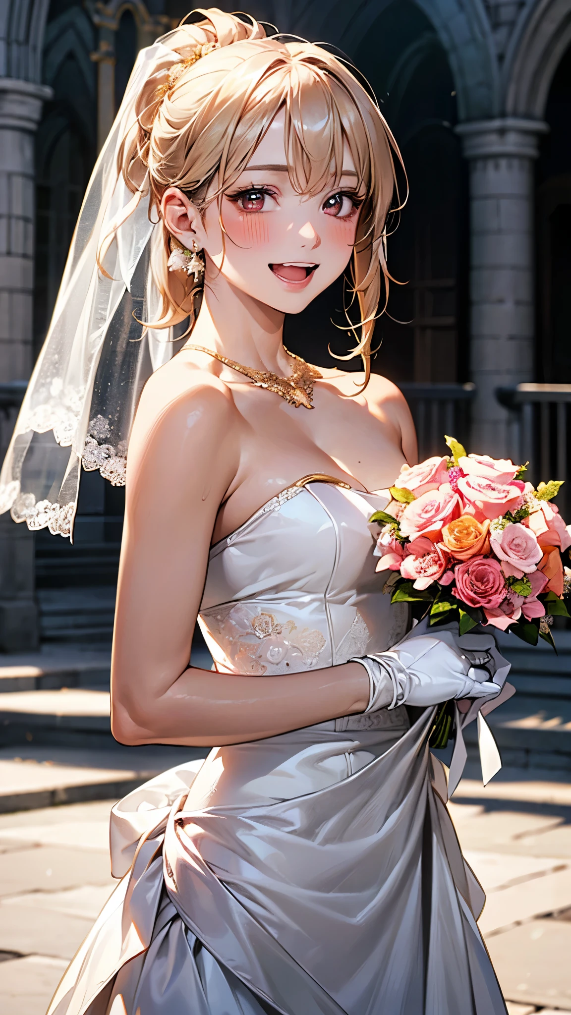 Caulifa, 1girl, dbs anime style, toei studio, long exposure lighting, blushing, as a Bride in lustrous white silk satin dress, princess skirt volume, extended train, long veil, satin and diamond bodice, bow belt accent, tiara, diamond earrings, necklace, holding bouquet in church, smiling with sultry flirty gaze, radiant symmetrical face, sf, intricate artwork masterpiece, golden ratio composition, trending on deviantart, intricate details, art