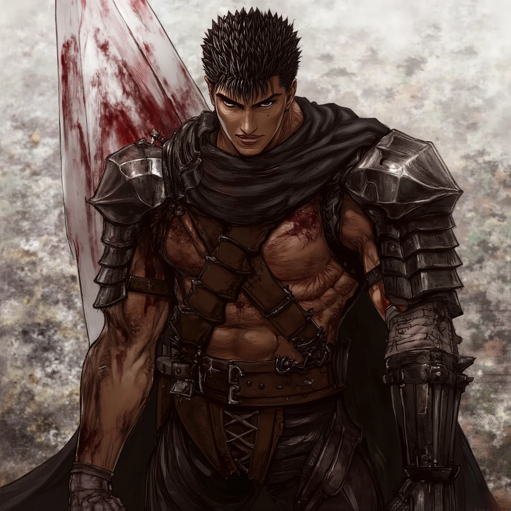 a torn black cloak , large bloodied sword with an intense gaze . the character uses, layered armor reinforced with metal shoulder pads , $. A battle-worn warrior , com spiked black hair e rosto marcado a golpes, holds the enormous handle of a large bloody sword. the character uses, spiked black hair , shirtless