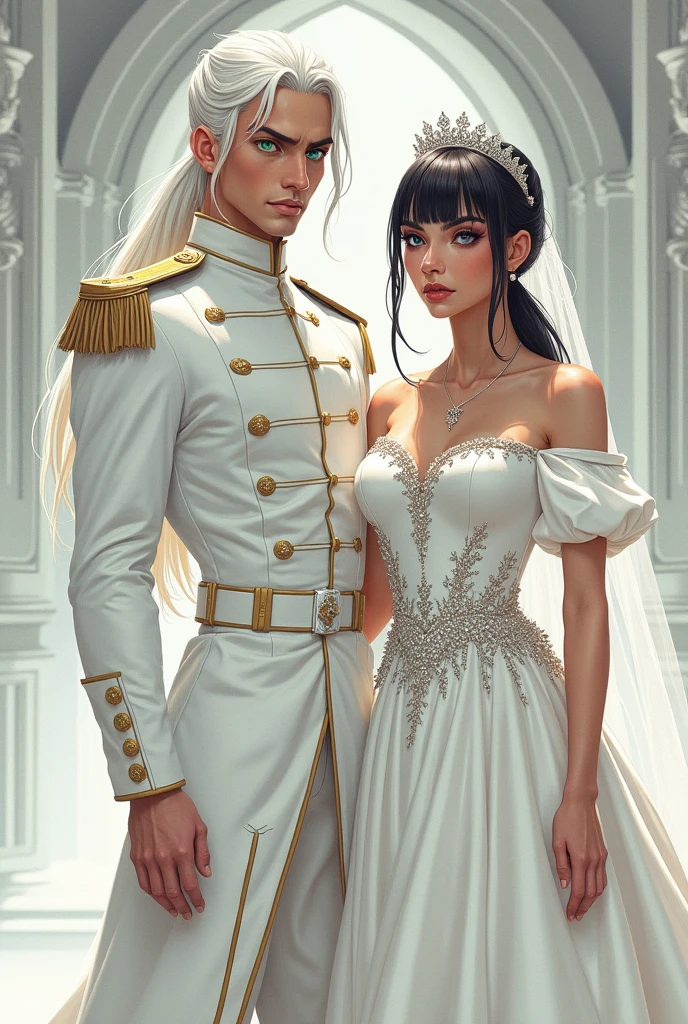 A prince-princess couple, a man with black hair and light brown eyes, he wears a black medieval military outfit. The princess wears a blue dress has curly hair and hazelnut eyes, royalty, nobility, princess, elegant, kiss, bouquet of flowers, high quality, highly detailed, ball in the castle.