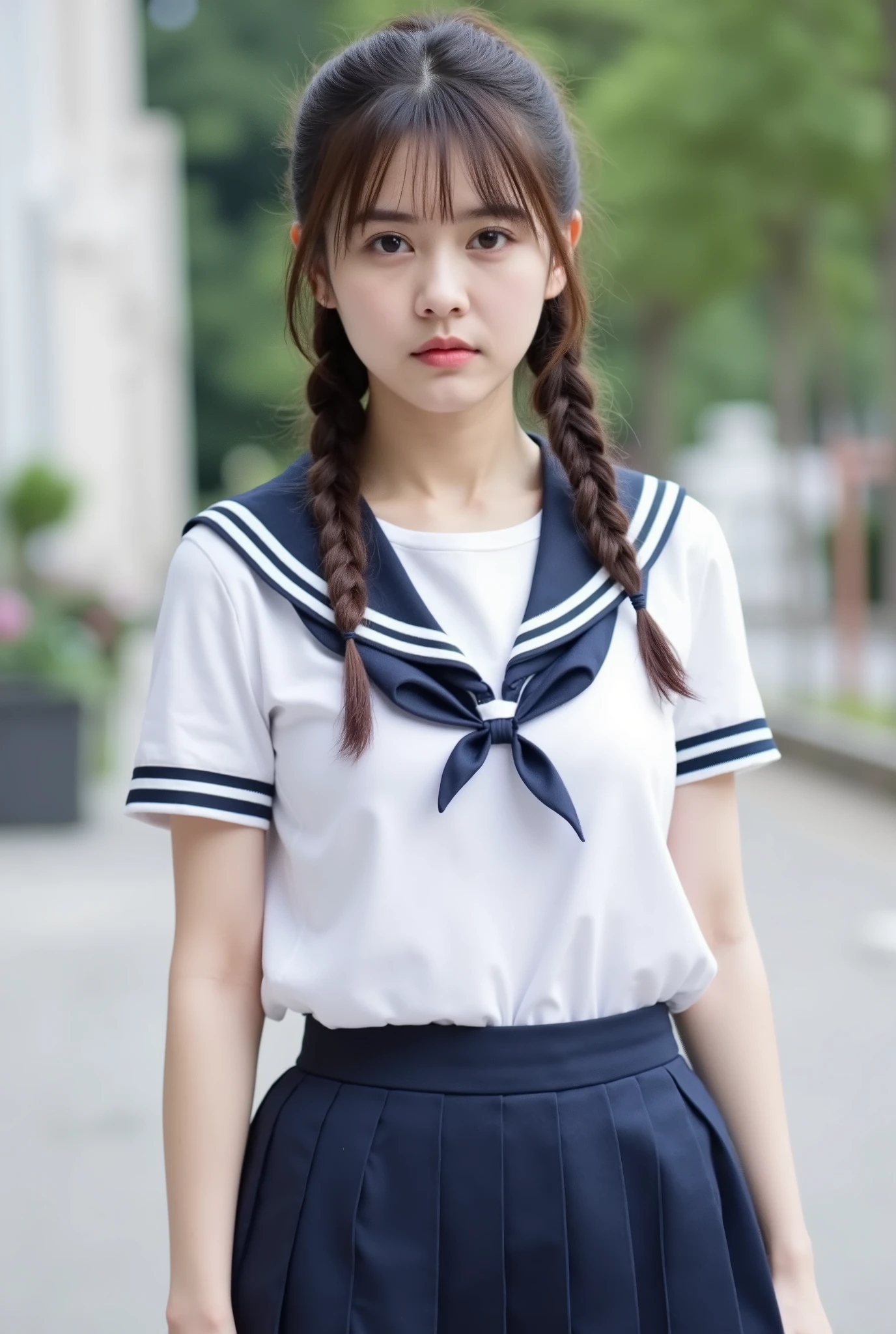 The image is of a young Asian woman posing in a school uniform
She is standing on a sidewalk with a building and trees in the background
The woman is wearing a white t-shirt with a navy blue sailor collar and a navy pleated skirt
Her hair is styled in two braids that are pulled back in a high ponytail
She has a serious expression on her face and is looking directly at the camera.