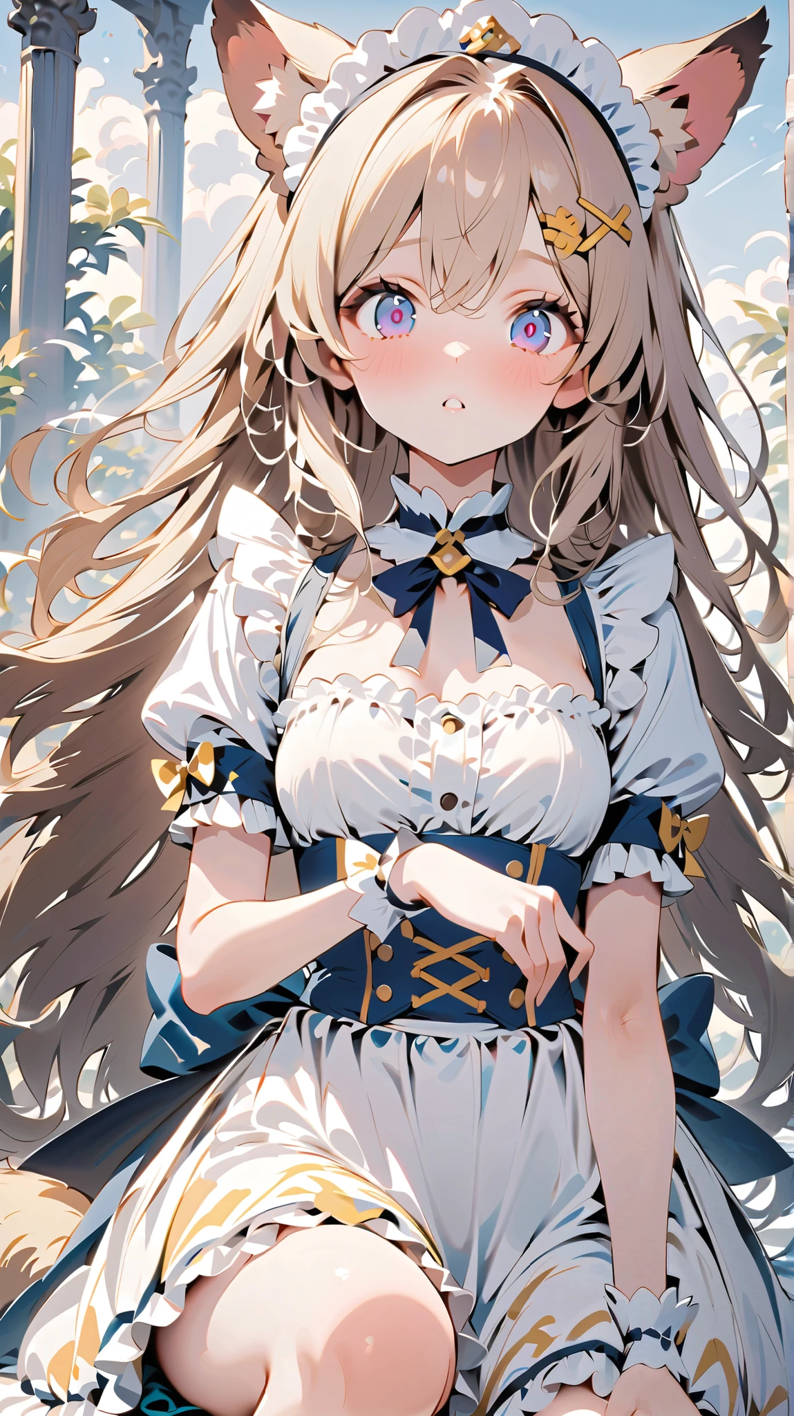 {{{ masterpiece}}}, {{{ top quality}}}, {{ super high resolution}}, {美しい細部までこだわったEye }, 1 girl, alone, ( Gold)), very long hair, 青いEye , ( straight hair ), (bangs), animal ears, (Weasel Ears:1.0), choker, stupid hair , teeth, (big weasel tail :0.9), (Blue X Hairpin), ( Cute maid outfit), SHOCKED , girl ,Midea,Eye