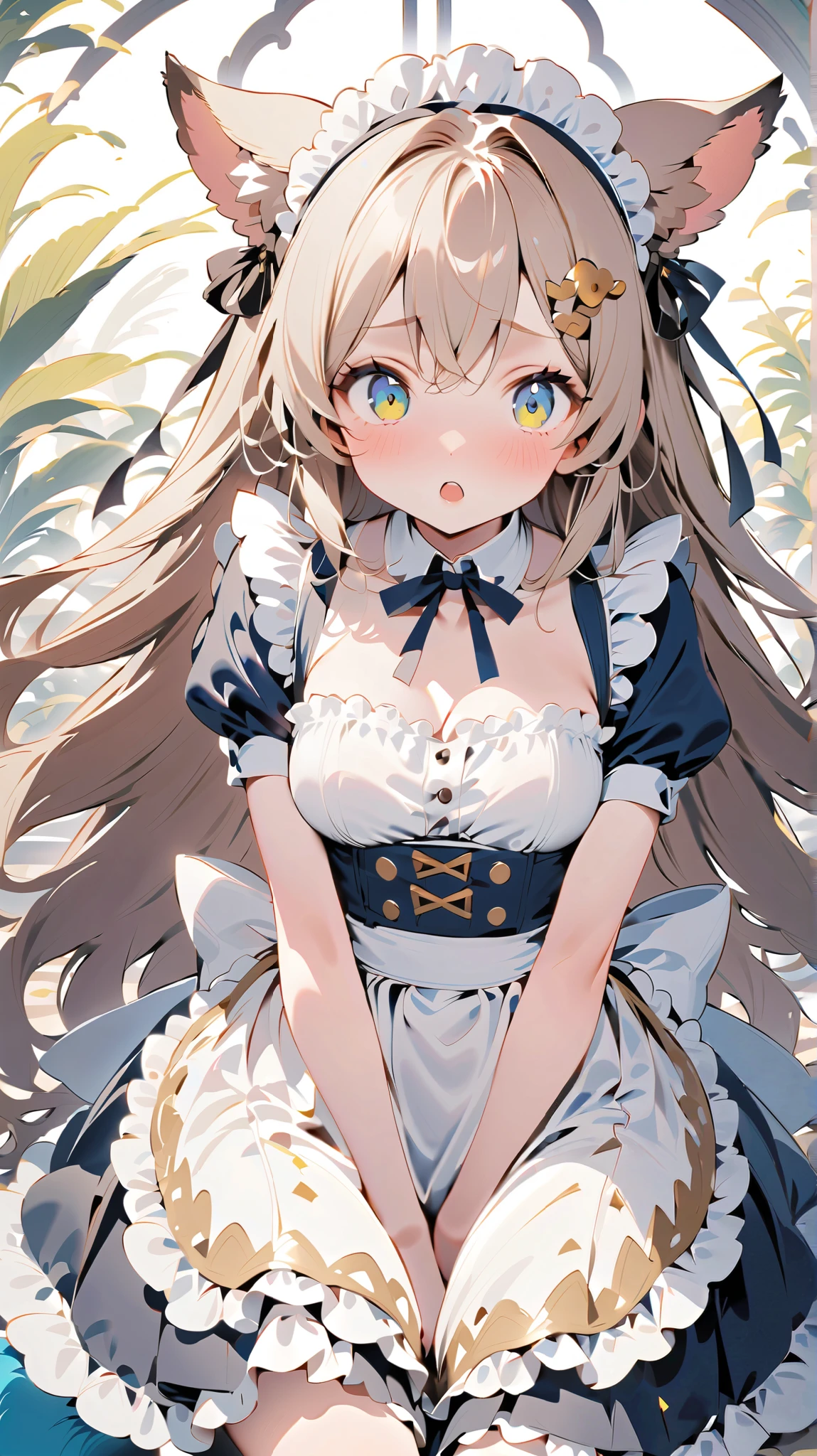 {{{ masterpiece}}}, {{{ top quality}}}, {{ super high resolution}}, {美しい細部までこだわったEye }, 1 girl, alone, ( Gold)), very long hair, 青いEye , ( straight hair ), (bangs), animal ears, (Weasel Ears:1.0), choker, stupid hair , teeth, (big weasel tail :0.9), (Blue X Hairpin), ( Cute maid outfit), SHOCKED , girl ,Midea,Eye