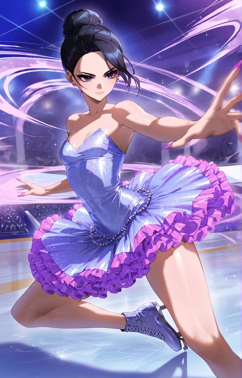 a 20 year old girl with dark brown hair and brown eyes, Beautiful and attractive, hair pulled back with strands and wearing a purple figure skater mini dress and her evil look, Skating on the ice, that is performing pirouettes