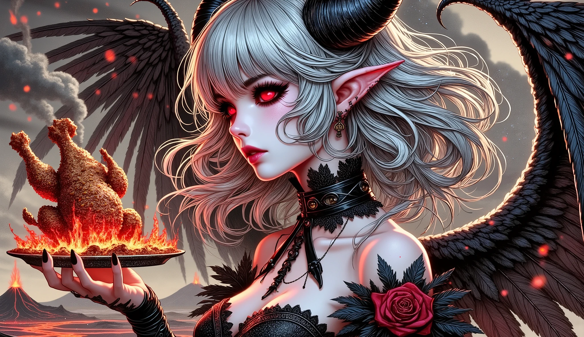 (Ultra-detailed face, Looking away, Gothic Illustration, Dark tone colors. She has five fingers on her hands and five toes on her feet.), BREAK 
(The composition looks up from the woman's chest to the woman's face, flames burst from the volcano, lava flows down the crater, steam billows up, and the air appears to be warped.), BREAK 
(A very beautiful succubus, her crow-like wings flapping widely on her back, holds out to you a hot, oil bursting, spicy fried chicken with bright red pepper sauce on it, as if offering it to you in a bold pose. The succubus chuckles and ahhs at you.),  BREAK 
(She has white hair, white eyebrows, blunt bangs, long wavy hair down to her feet, small pink lips, crimson glowing eyes, clear white skin, and thick eyeliner. Her hair flutters in the hot wind blowing from the side.),  BREAK 
(She wears a jet-black ribbon tie and a jet-black lace-up dress made of draped raven feathers with light blue lace ruffles and embroidered red roses. She wears flaming laced boots that glow on the way home.)