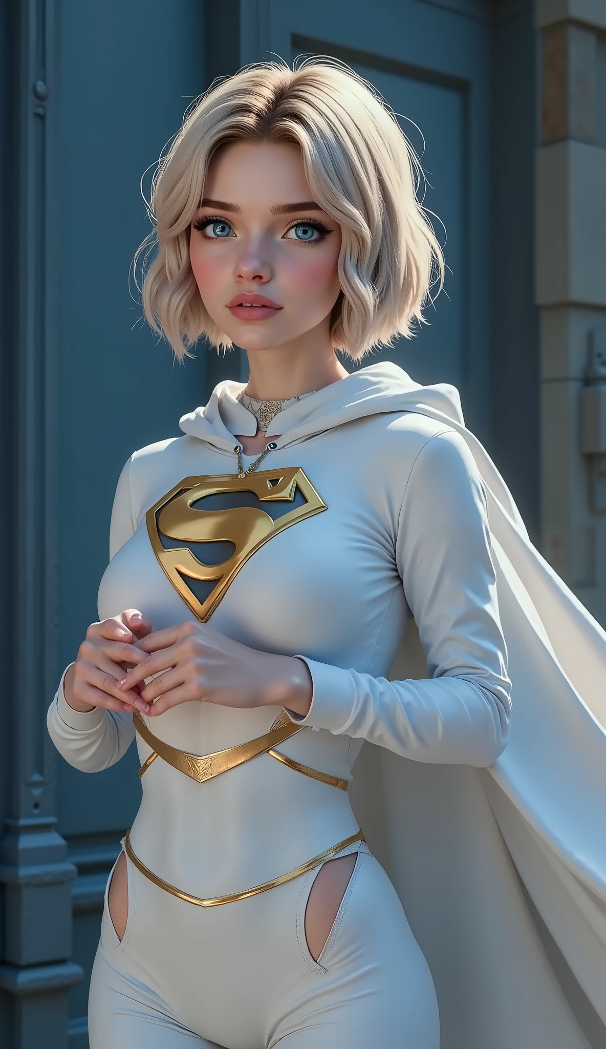 (GRABS A STEEL BEAM IN HER HANDS AND BENDS IT INTO THE SHAPE OF A "C"). (18-YEARS-OLD) PALE BLUE EYES. VERY FUCKABLE, VERY SEXY. Envision a pioneering scientific achievement where a prominent geneticist combines Superman's Kryptonian DNA with that of a 16-year-old female human with BLUE HAIR, utilizing advanced gene editing and nanotechnology to create a singular, KRYPTONIAN SUEPRGIRL. This hybrid BODY possesses enhanced physical SUPERGIRL abilities, infused with a distinct feminine perspective, and dons a bespoke white and gold Superman suit featuring an S emblem and flowing white cape, symbolizing the harmonious balance of strength, compassion, and heroism. 4k inccredible deatils and textures.