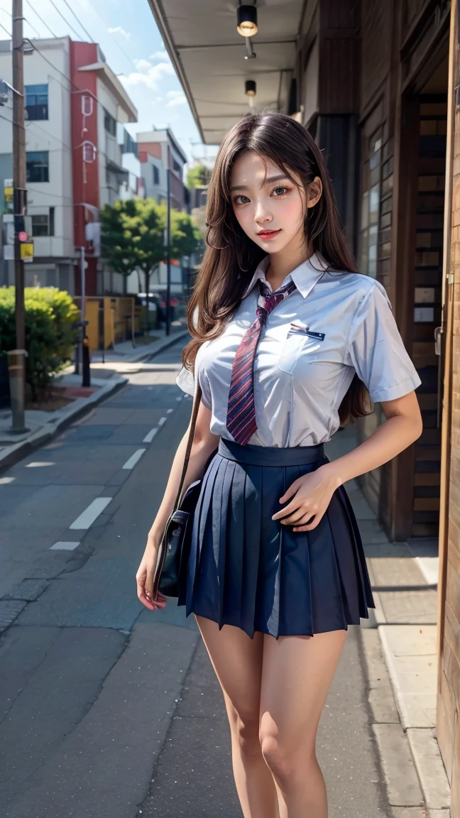 (Best Quality:1.4), (hyper quality), (Ultra-detailed), 1 beautiful girl, Extremely cute, Amazing face and eyes, (school uniform, pleated mini skirt:1.5), (beautiful breasts:1.1), (slender body:1.1), Authentic skin texture, bright and shiny lips, Beautiful Goddess Advent, (sitting, legs spread, pubick hair, cameltoe:1.3), Beautiful background, Golden ratio, conceptual art, Super Detail, ccurate, high details, Outdoors, (Beautiful Giant Castle:1.5), Sexy Art, Surrounded by beautiful sunsets, dazzling lights, Super delicate illustration details, Highly detailed CG integrated 8k wallpapers, RAW Photos, professional photograpy, Cinematic lighting, Super gorgeous illustrations, depth of field, (View from below)