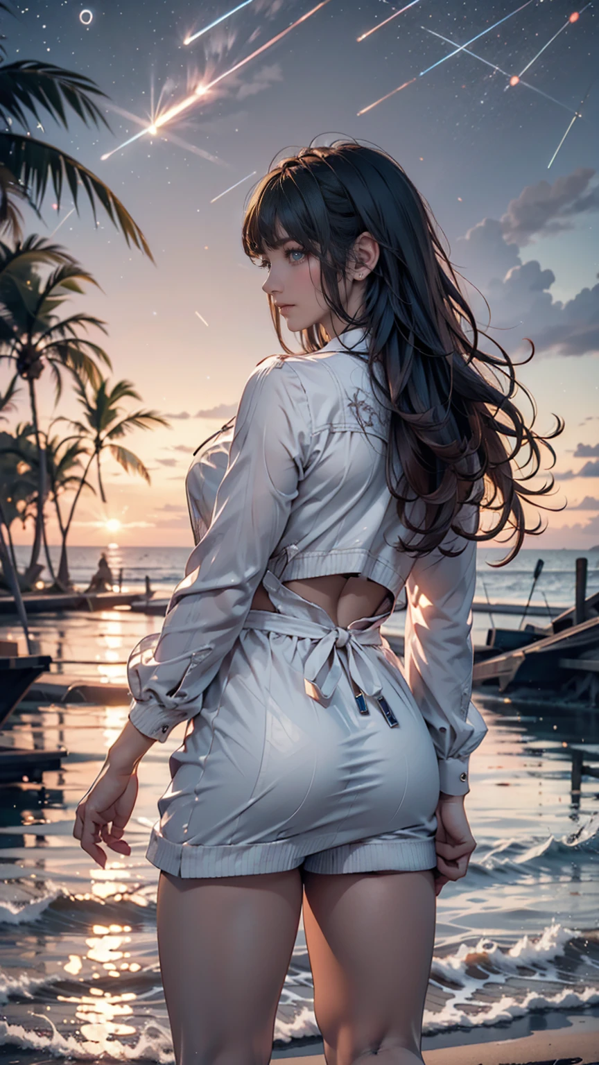 One girl, alone,smile, Beach,(sunset:1.1), Akagi_Also(denchi project), alone, Star hair ornament, Twin Blade,Shine, From behind, Recall, huge sunset,Red float, uniform, night, wave hands, Ocean