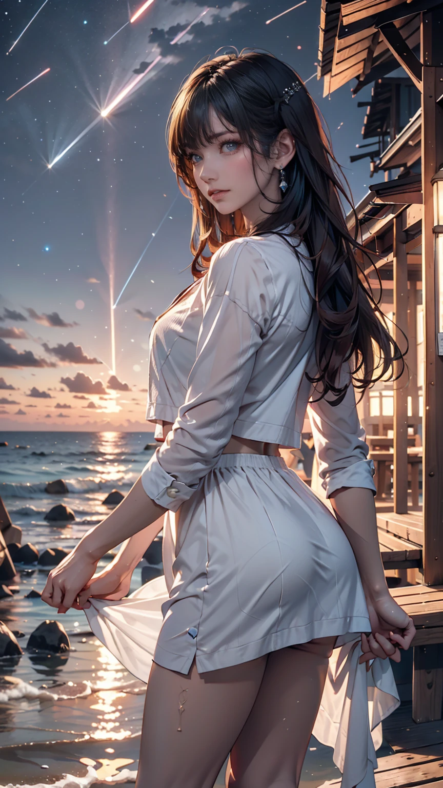 ((masterpiece, Highest quality)), At night, Light clothing, girl, Put one foot in the sea using only your toes, girl standing, girl sideways, girl between the horizon and the sea, Side view, Ripples spread from my toes, The scene is about 20 metres away., On the Sea, At night, the whole scene is shining, There is a meteor shower