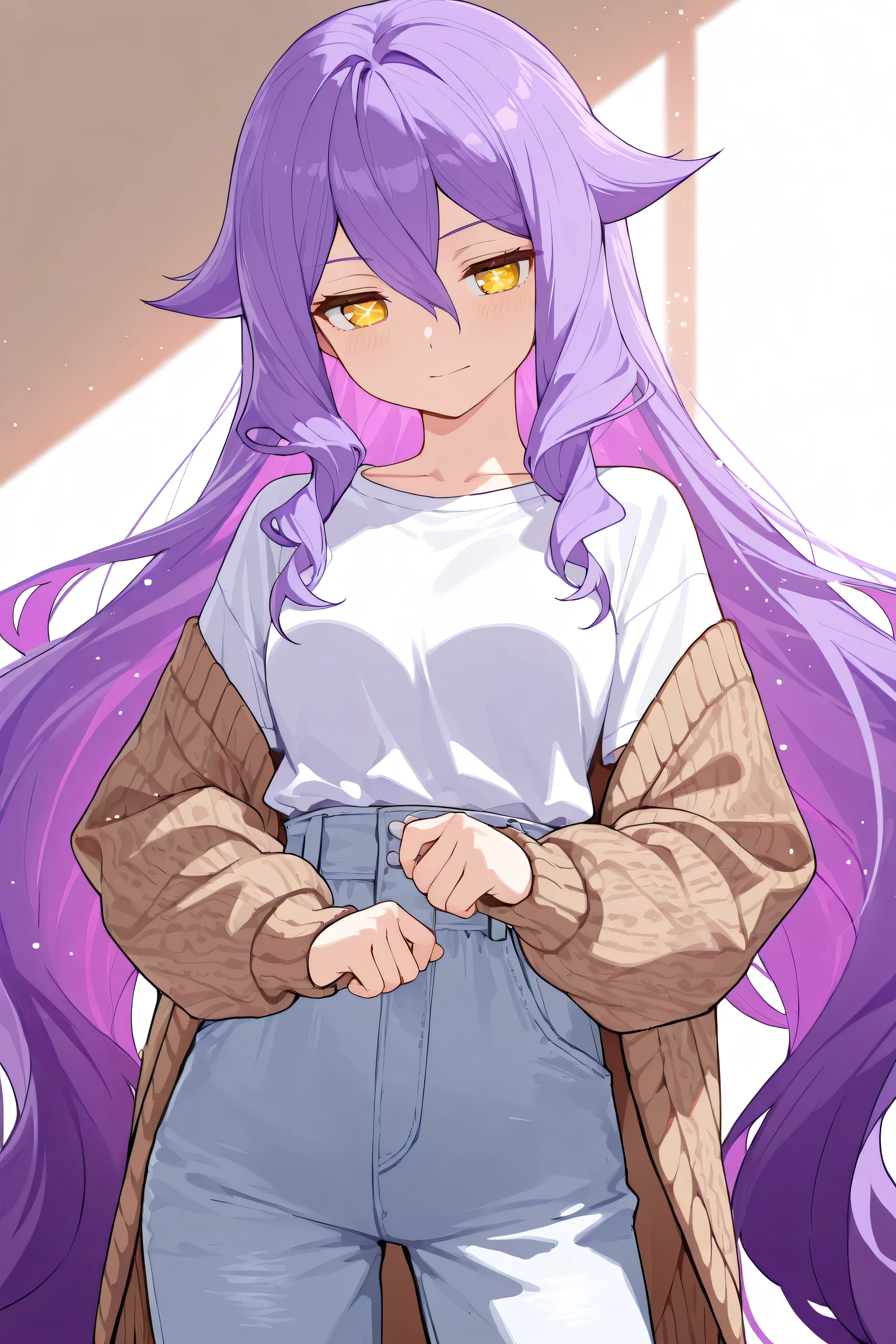 score_9, score_8_up, score_7_up, masterpiece, best quality, very aesthetic, absurdres, tunning image, light particles, attractive image, solo, 1girl, Sirin, long hair, purple hair, yellow eyes, x-shaped pupils, diamond-shaped pupils, masterpiece,best quality,amazing quality, 5 fingers, alternate costume, An anime character dressed in a Casual Cozy Layers outfit, wearing a simple white tucked-in T-shirt paired with loose-fitting high-waisted jeans. Over it, they wear an oversized milk-brown knitted cardigan, giving a warm and relaxed vibe
