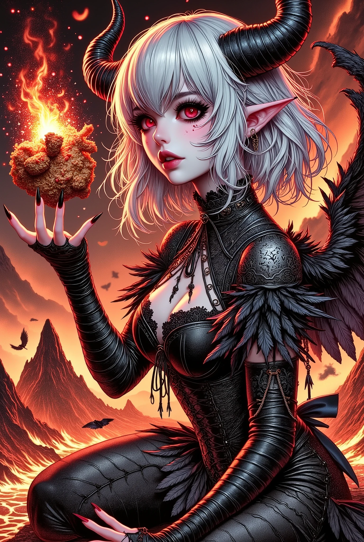 (Ultra-detailed face, Looking away, Gothic Illustration, Dark tone colors. She has five fingers on her hands and five toes on her feet.), BREAK 
(The composition looks up from the woman's chest to the woman's face, flames burst from the volcano, lava flows down the crater, steam billows up, and the air appears to be warped.), BREAK 
(A very beautiful succubus, her crow-like wings flapping widely on her back, holds out to you a hot, oil bursting, spicy fried chicken with bright red pepper sauce on it, as if offering it to you in a bold pose. The succubus chuckles and ahhs at you.),  BREAK 
(She has white hair, white eyebrows, blunt bangs, long wavy hair down to her feet, small pink lips, crimson glowing eyes, clear white skin, and thick eyeliner. Her hair flutters in the hot wind blowing from the side.),  BREAK 
(She wears a jet-black ribbon tie and a jet-black lace-up dress made of draped raven feathers with light blue lace ruffles and embroidered red roses. She wears flaming laced boots that glow on the way home.)