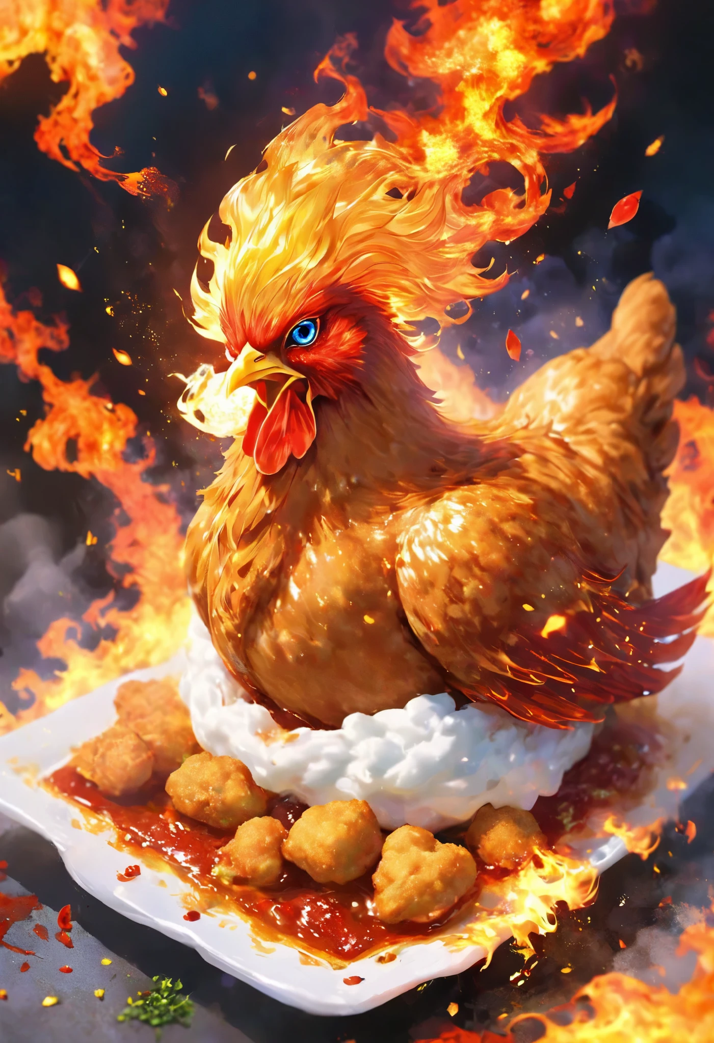  super high resolution, Chicken of Fire ,  Flaming Spicy Flames, Chicken covered in deep-fried batter , Chicken Shaped Fried Chicken ,  so transcendent spicy that chickens fly through the sky , 0__11Xx _ illusory spices,  Spicy Fried Chicken Themed Firebird ,  Very Tasty Food Report , 0__11Xx _The illusory spicy firebird will eat you 、 it eats you , 