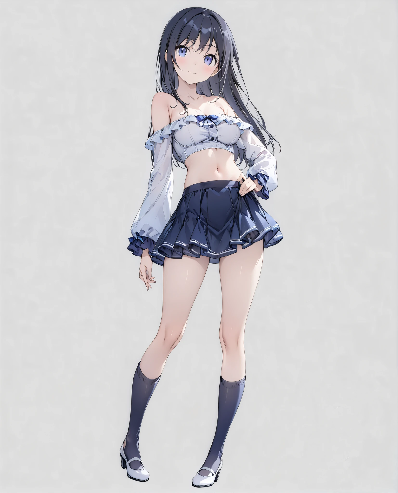 ( girl),( alone),

 masterpiece、  high quality 、  high res、
 grey background、
(  from head to toe :1.5、 full body view:1.5)、In the center:1.2、

Ayase Aragaki,  long hair,   blue eyes,  black hair, 

(  so beautiful:0.9)、(  very cute :0.9)、
(round face)、(Brighten Your Face:0.7)、( very detailed face)、(round face)、
( Detailed face:0.7)、(high nose:1.0)、(smile)、
Round Breasts、

  Read more 、  slender figure、  perfect five fingers 、
( white skin)、  smooth skin 、 

break
( White Off Shoulder Top with Ruffle Sleeves )、
  dark blue miniskirt 、Blue knee-high socks 、
White pumps、
 detailed clothing、

 bright color、Delicate fabric、

 Watch viewers, 

Slight Body ,
 medium boobs,
 petite height,

( alone Focus:1.0),
( standing:1.5),
( seductive poses:0.2),

(  full body shot :1.5), 
( from the front :0.7),

( No Background),