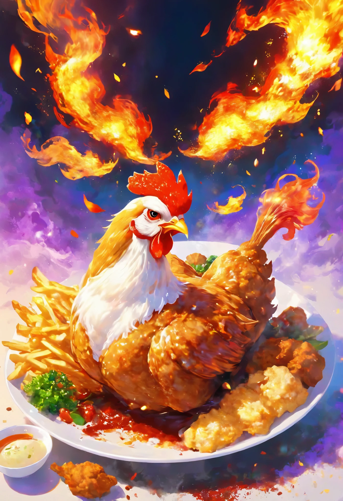  super high resolution, Chicken of Fire ,  flap their wings in a big way toward the front,  Flaming Spicy Flames, Wings covered in deep-fried batter , Chicken Shaped Fried Chicken ,  so transcendent spicy that chickens fly through the sky , 0__11Xx _ illusory spices,  Spicy Fried Chicken Themed Firebird ,  Very Tasty Food Report , 