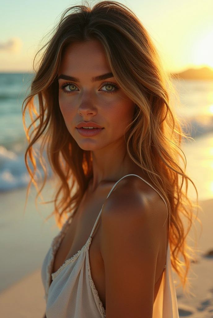 Create a highly realistic image of a young woman, matching the appearance of the uploaded photographs, posing in front of a sunset on a beach. She has long, wavy blond hair that gently catches the sea breeze, and deep blue eyes reflecting the hues of the fading light. Her skin is fair and flawlessly smooth, with a radiant quality that is accentuated by the soft sunset light. Her lips are a subtle shade of pink, complementing her serene and contemplative expression. She is wearing a light, airy summer dress that flows with the wind, adding a sense of grace and ease to her posture. The beach setting is tranquil, with the sun setting over the horizon, casting a golden glow on the water and the sand. The background should capture the vibrant colors of the sunset sky, blending oranges, pinks, and purples. Ensure the details of her face, especially the realistic texture of her skin and the clarity of her eyes, are the focal point, capturing a moment of peaceful elegance. The image should be of exceptional quality, akin to a high-end lifestyle magazine photograph.