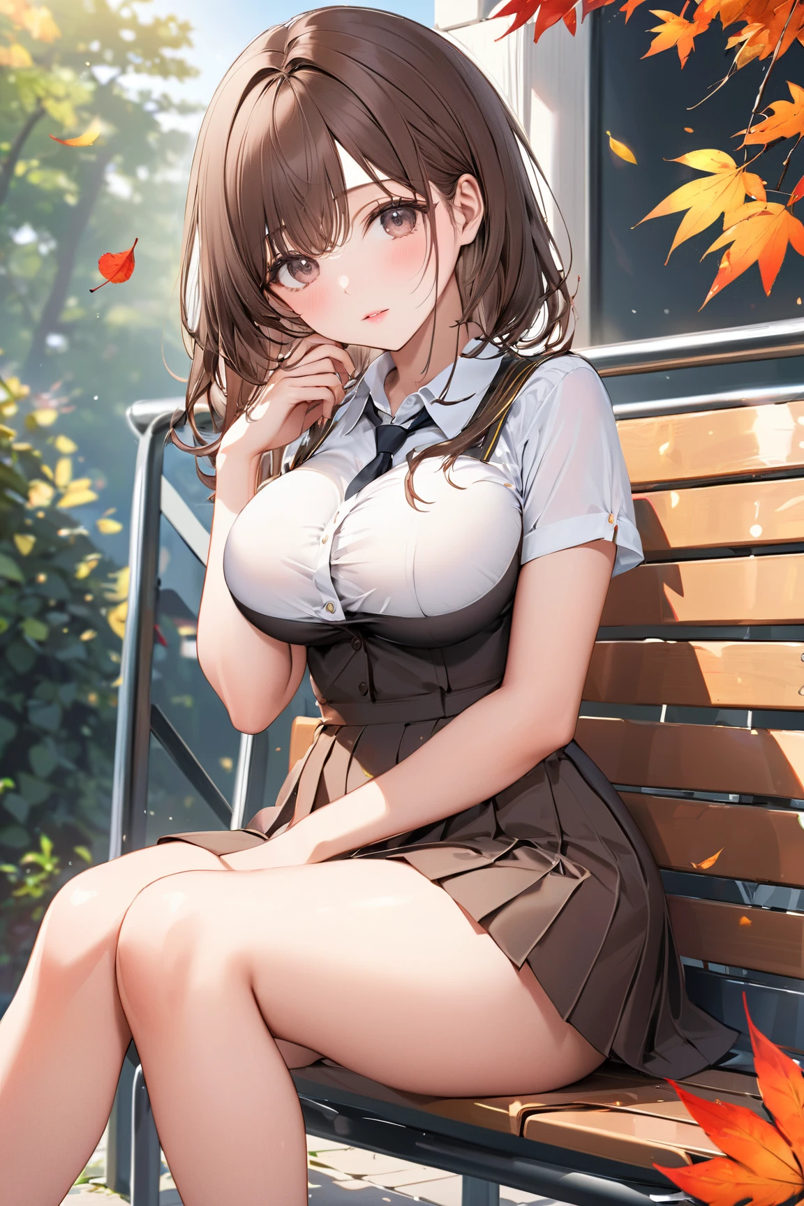 please put your hands on your knees, high angle, masterpiece、highest quality、 Has wavy, lobe-like brown bangs、緑色の目をしたadult woman.、wearing a white collarless blouse、Wearing a pink skirt、open your mouth, Background outside、bold composition、alone, blush, adult woman, Ecchi Woman, open your mouth, Close one eye, (kneeling pose),thighs, big breasts
