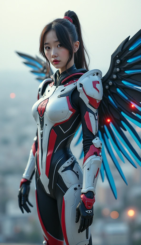 two armored Angel warriors with big wings shaking hands, surrounded my lightning bolts
