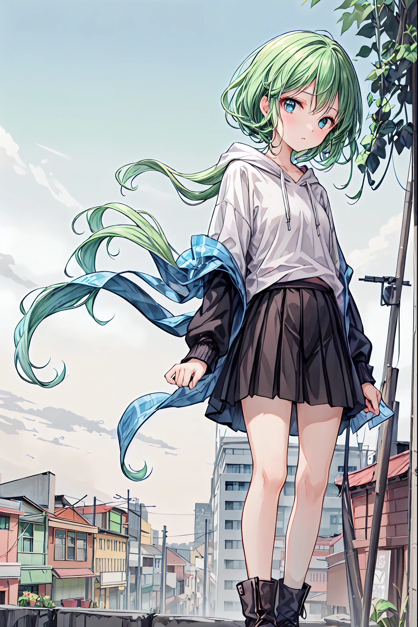 4 Kanata,Wear a hoodie。Butt,nice,beautiful night scene background ,Stand on tiptoes, Bend Your Knees,Point your knees outwards,Rear View, Hair, shortcuts, unkempt hair with an opening,Short braided hair,Neat, slender beautiful woman, correct posture,Small chest, beautiful legs, enchanting gray-blue eyes shine like stars, droopy eyes , bright colors visible from the forehead, beautiful eyes,A delicate smile,Textured Skin, Best Quality at its Best , gentle and beautiful woman , anime style、