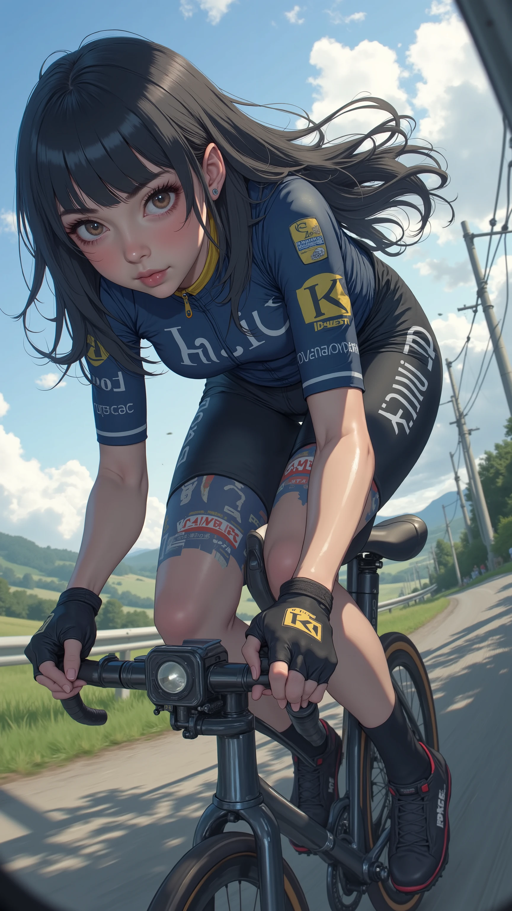 A young and beautiful person,(Highest quality,Extremely detailed depiction,Incredibly absurd high resolution,Anatomically accurate depiction,Nice hands,Perfect Fingers,Curvy Legs,Shiny skin),(Woman riding road bike),(Brightly colored cycling wear,Black spats,Cycling helmet,Cute hairstyle),eyelash,(Black Eyes,There is cleavage in the chest,Glossy Lips),(Sweat,whole body,Hair blowing in the wind,Flowing landscape,Descending a hill on a road bike,Feeling the wind comfortably)