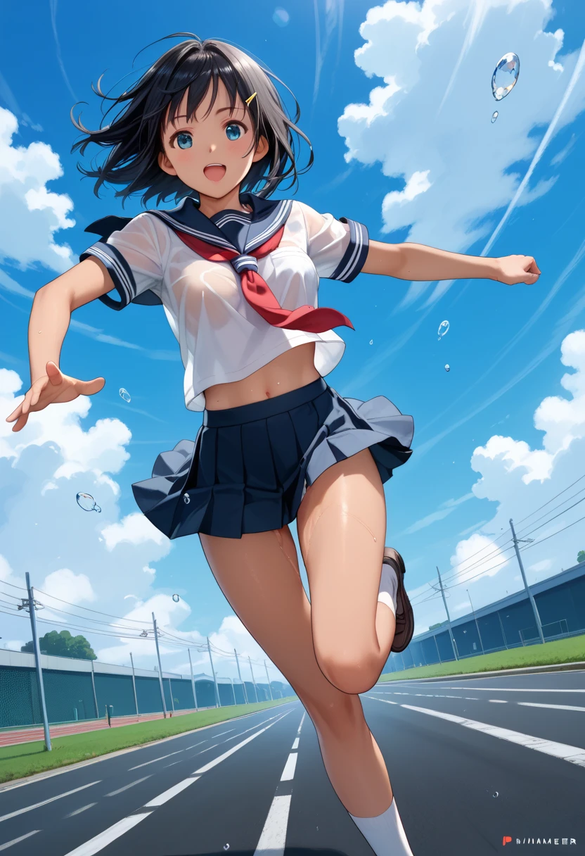 asuka works as a surf model, Official Art, Anime girl is running, ( ( Station 4 # ) ), Aya Kono color style, Inspired by Nanaru Koide, Shinkai Makoto, Inspired by Reiko Ikemura, Shinkai Makoto味道, Beautiful sky, Girl blown away by the wind, Fluttering hair, barefoot, Birds are flying,