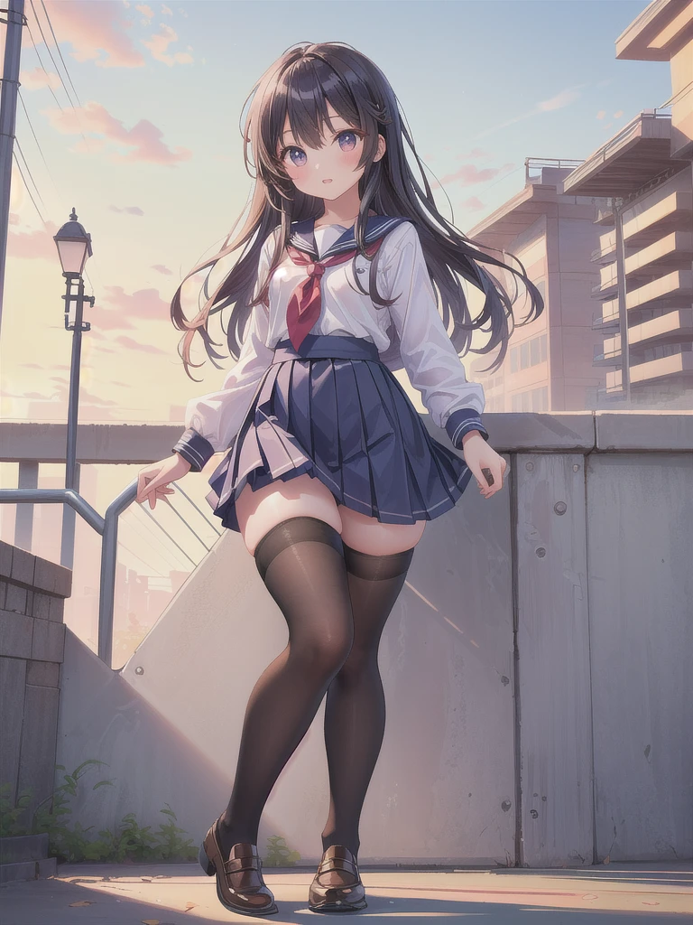 Highest quality、Masterpiece、8k、A woman in a short skirt and high heels standing on the stairs。, Beautiful anime school girl, seductive Anime Girls, Surreal , attractive Anime Girls, Anime Girls with long hair, Beautiful and attractive anime teen, beautiful Anime Girls, Anime full body illustration, Anime Girls, Ilya Kuvshinov with long hair, an Anime Girls