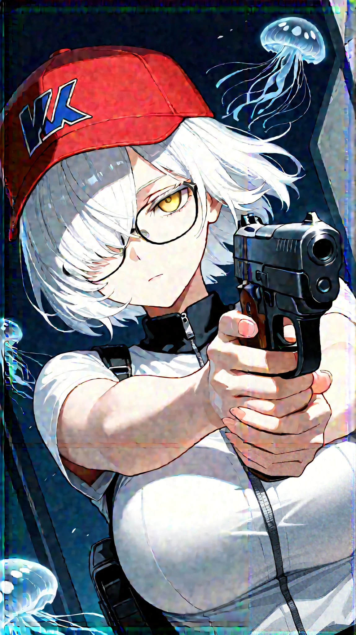 1girl,glasses,white hair, hair over one eye,very breasts,red baseball cap,emotionless eyes, yellow eyes, hold on gun ,take aim, handgun, holding, aiming,Jellyfish Cut