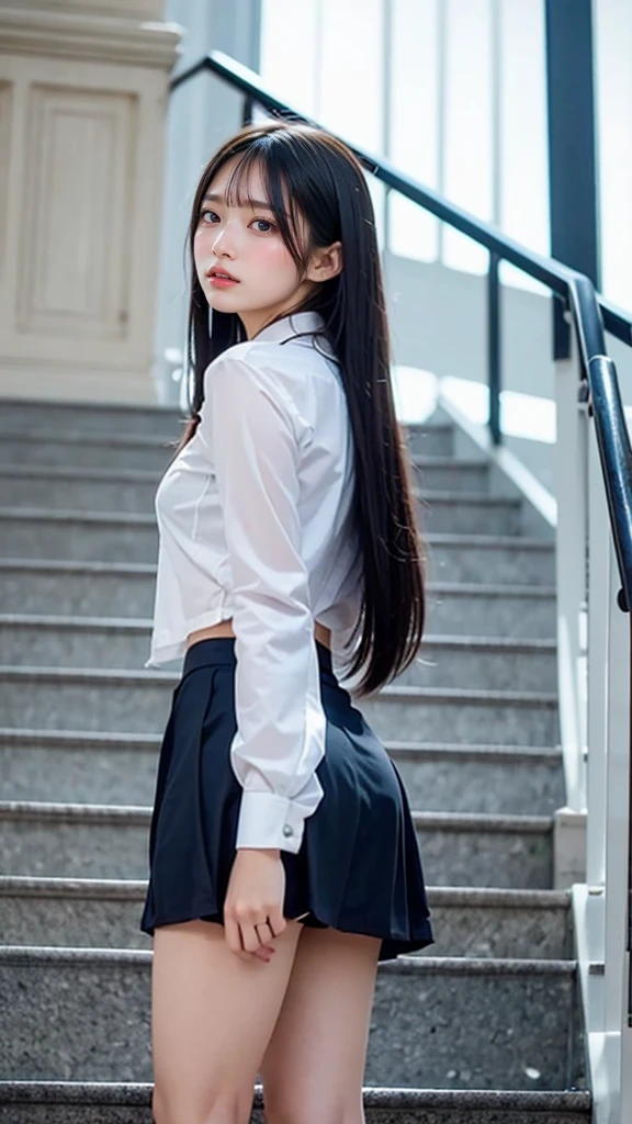 ((In town:2.0)), ((Backwards:2.0)), ((Collared shirt:2.0, suspenders:2.0, White pants:1.8)), (Clothing:2.0, White skinny pants:2.0, suspenders under Collared shirt:2.0, A bow tie:1.2, sneakers:1.5), ((In town:2.0)), ((A grin:1.2, Small breasts:1.5, slender:1.5, Small Ass:1.5)), ((Japanese, 1 Girl, 18-year-old, 7 heads, Ideal body proportions, Black Hair, With bangs, Small breasts, Erect nipples, slender, Small Ass, Beautiful feet, Skinny Legs)), Surrealism, Cinematic Lighting, Depth of written boundary, First Person View, Boobs F/1.8, 135mm, Ticker, Mastepiece, Curate, ((Anatomically correct:1.3)), Textured skin, Super Detail, High detail, High quality, Awards, Best Quality, High resolution, 8K