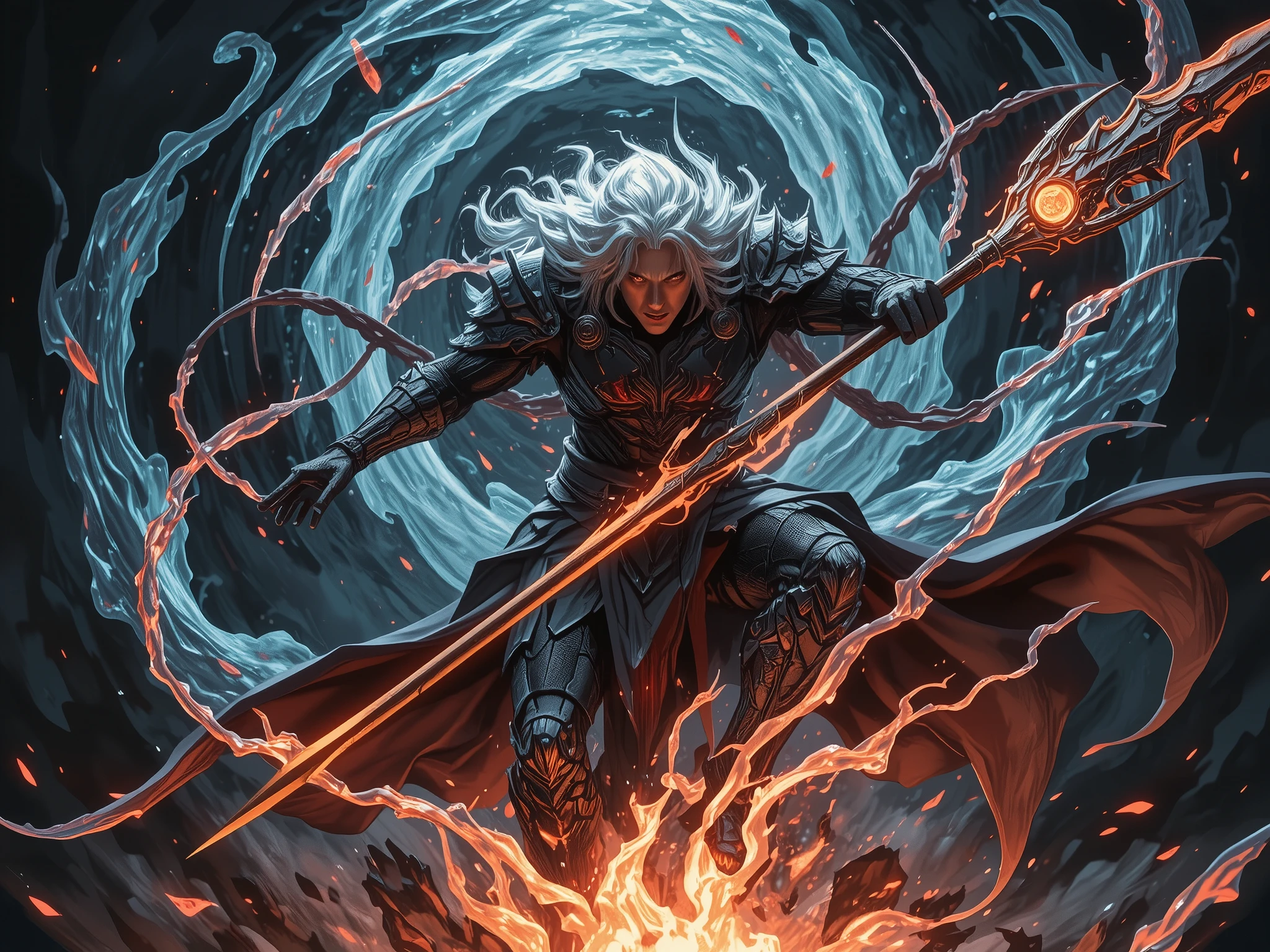A mystical shot of Arlott surrounded by swirling dark energy. His lance glows with immense power, the ground beneath him cracking as he prepares to unleash his ultimate attack. His silver and crimson hair radiates an otherworldly aura.