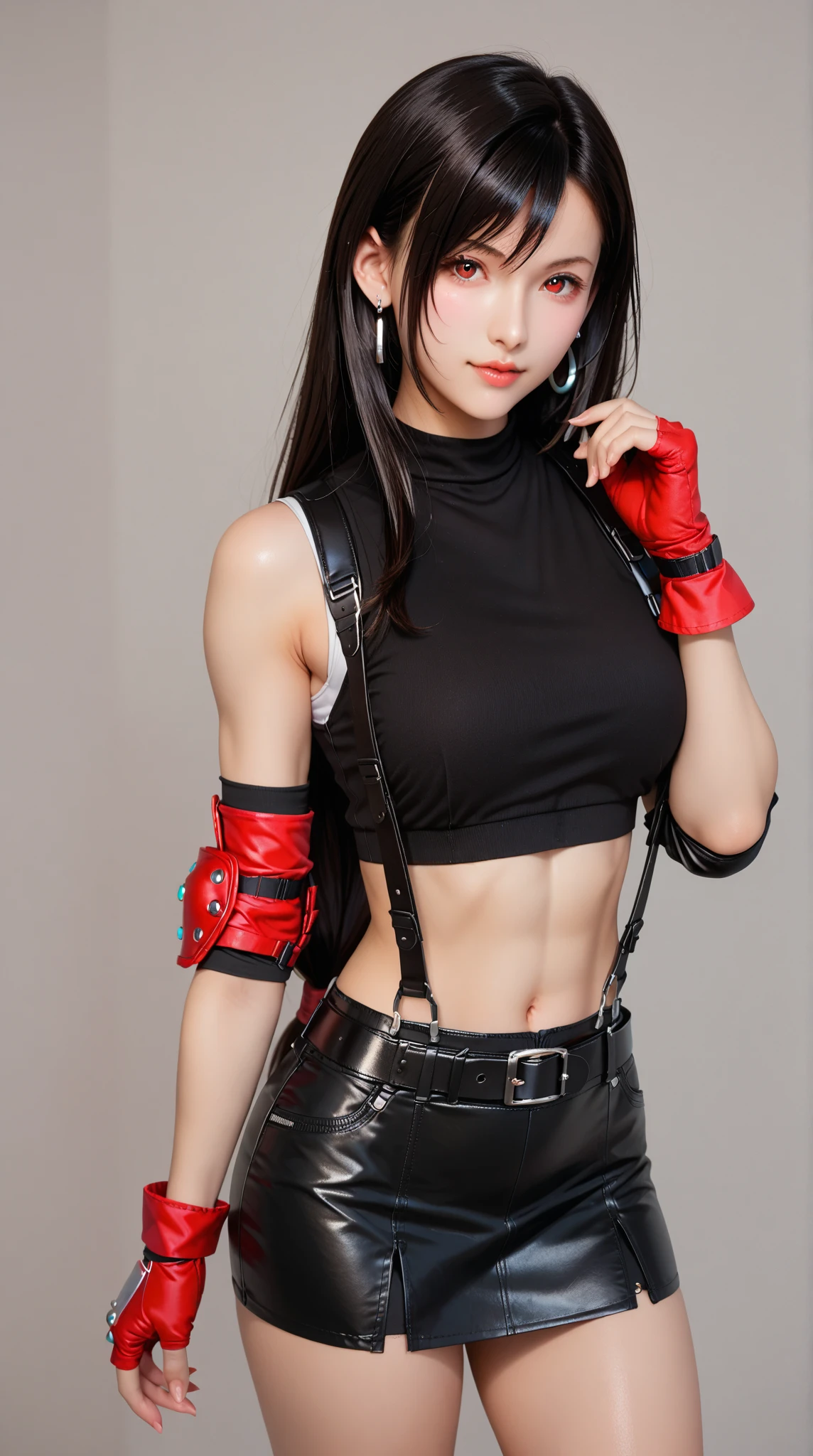 solo,1girl, single elbow pad, ankle boots, black hair, black skirt, black thighhighs, red boots, elbow gloves, elbow pads, fingerless gloves, taut shirt, sports bra, (suspender black skirt), thighhighs, white tank top,